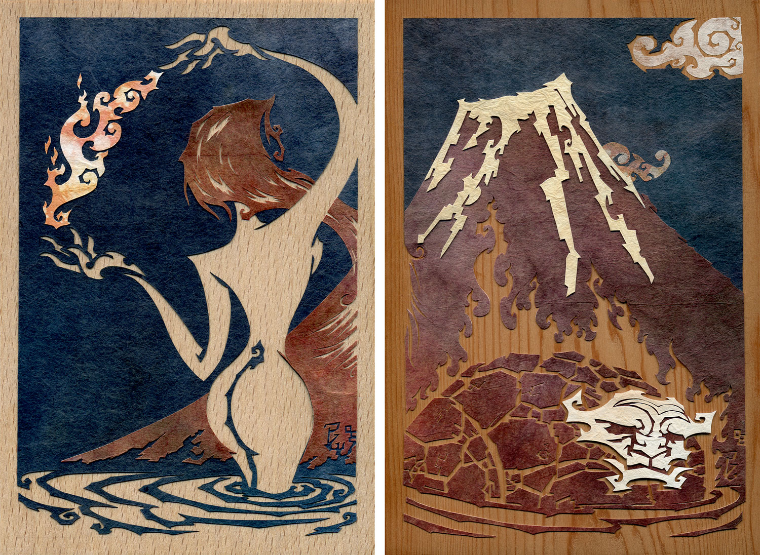 ⊛ Fuji Flame Diptych (She Who Brings the Fire • He of the Flame) ⊛ cut paper + washi / wood ⊛ 8 x 6 in • 150 x 200 mm ⊛ private collection 
