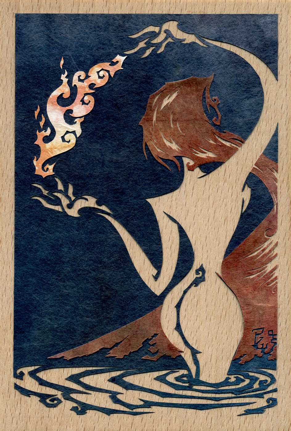 ⊛ She Who Brings the Fire ⊛ cut paper + washi / wood ⊛ 6 x 4 in • 150 X 100 mm ⊛ private collection