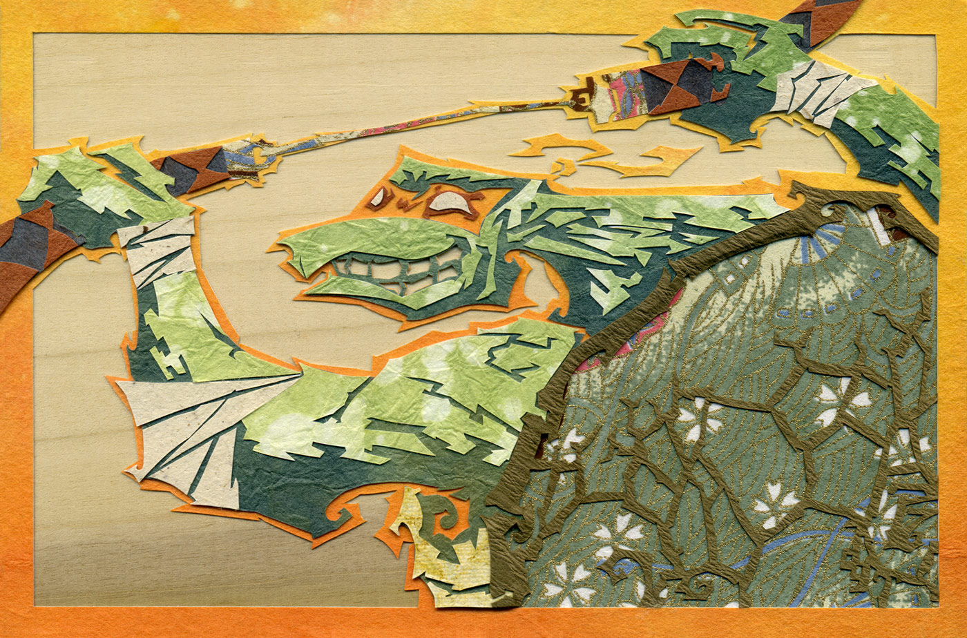 ⊛ Party Dude in a Half Shell ⊛ cut paper + washi + chiyogami / wood ⊛ 4 x 6 in • 100 x 150 mm ⊛ private collection