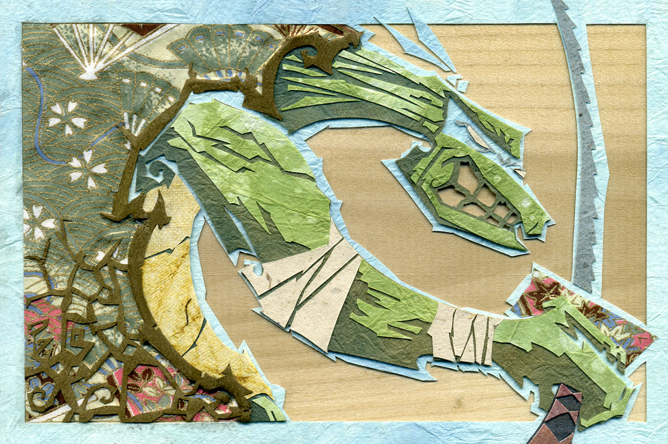 ⊛ Turtle Paper Happy Ninja Power! ⊛ cut paper + washi + chiyogami / wood ⊛ 4 x 6 in • 100 x 150 mm ⊛ private collection