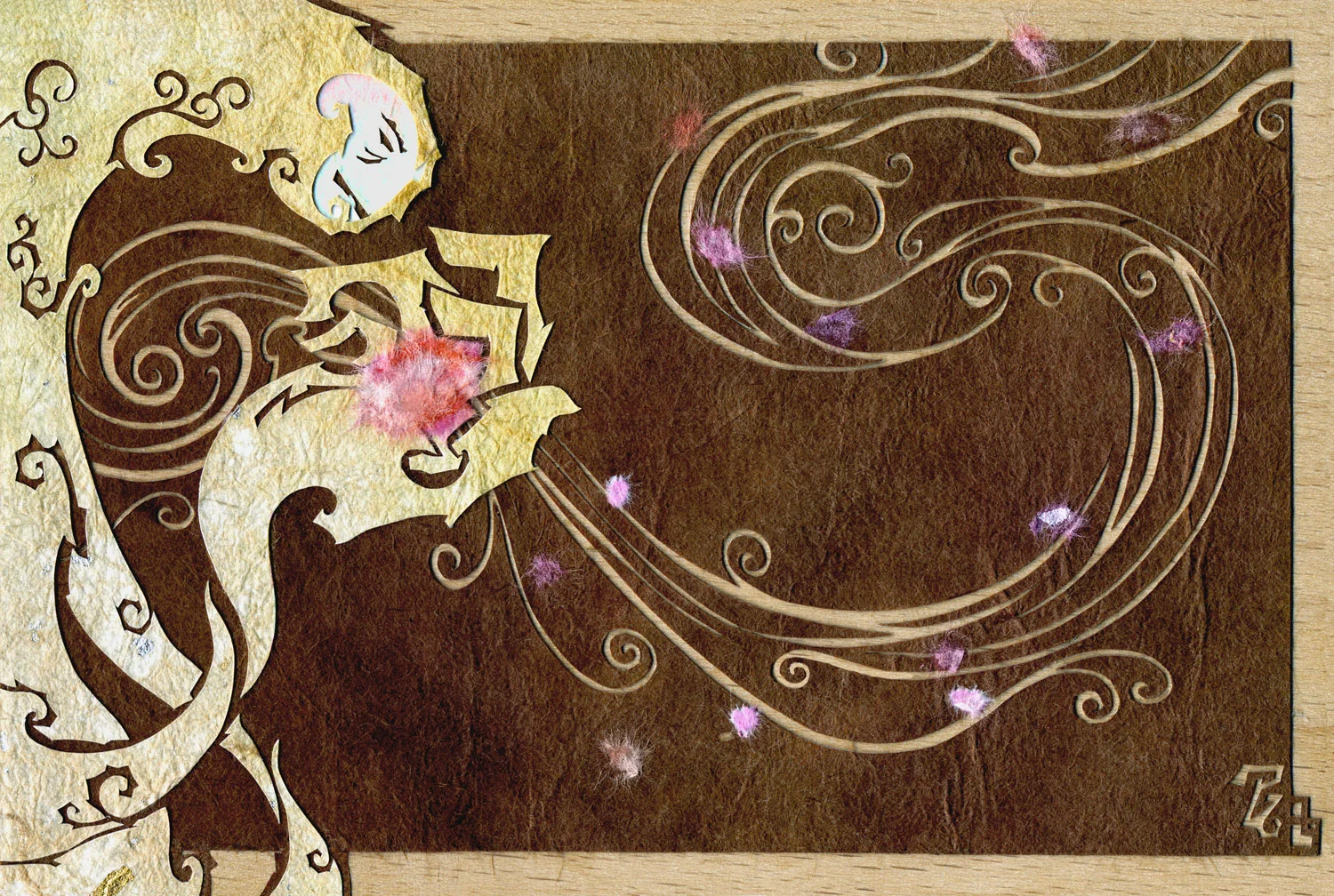 ⊛ The Fading Pink ⊛ cut + torn paper, washi, chiyogami / wood ⊛ 4 x 6 in • 100 x 150 mm ⊛ private collection 
