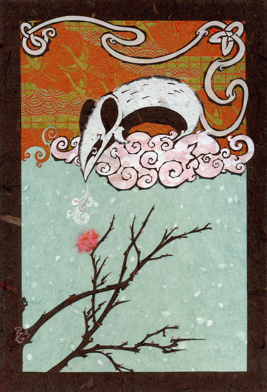 ⊛ The Plum Blossom and the Fertile Breath ⊛ cut paper + washi + chiyogami / board ⊛ 11.7 x 8.3 in • 297 x 210 mm ⊛ private collection 