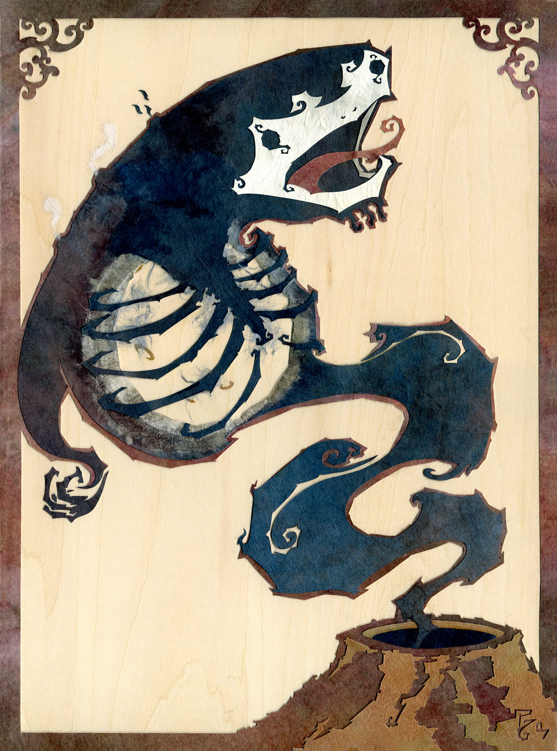 ⊛ And the Moon Was Held Prisoner in His Chest ⊛ cut and torn paper + washi / wood ⊛ 12 x 8.9 in • 305 x 225 mm 
