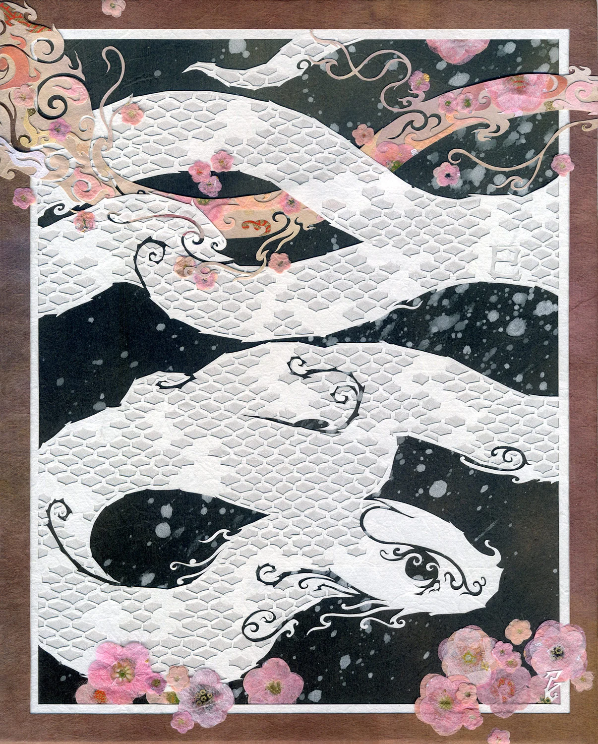 ⊛ Among the Petals, a White Serpent ⊛ 10 x 8 in • 254 x 203 mm ⊛ cut + torn washi + chiyogami paper / wood panel