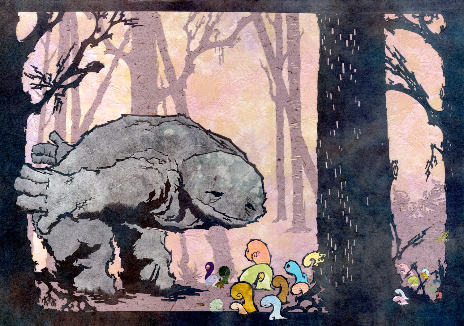 ⊛ Evening Aisatsu ⊛ cut + torn paper + washi / wood ⊛ 11.75 x 16.5 in • 297 x 420 mm ⊛ private collection