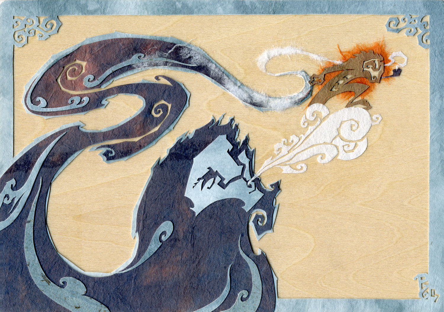⊛ Hitching a Ride on the Breath of Fortune ⊛ cut + torn paper + washi / wood ⊛ 4 x 6 in • 100 x 150 mm ⊛ private collection 