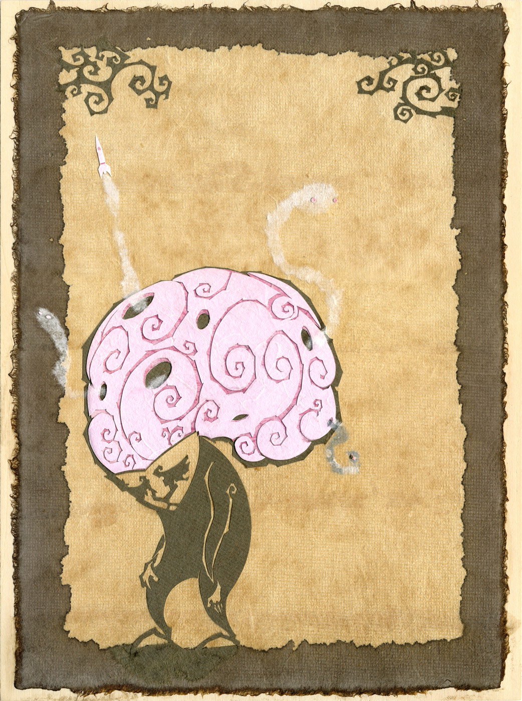 ⊛ Heavy is the Head that Bears the Brain ⊛ 11.7 x 8.3 in • 297 x 210 mm ⊛ cut + torn paper + washi / wood ⊛ private collection