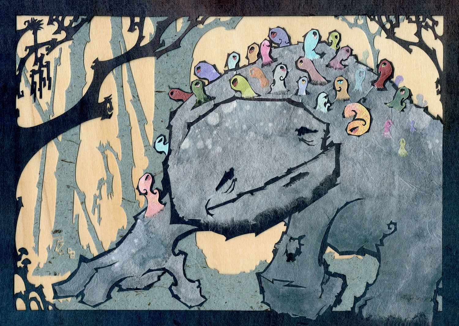 ⊛ W e All Laugh Together ⊛ cut paper + washi / wood ⊛ 5.75 x 8.25 in • 148 x 210 mm ⊛ private collection 