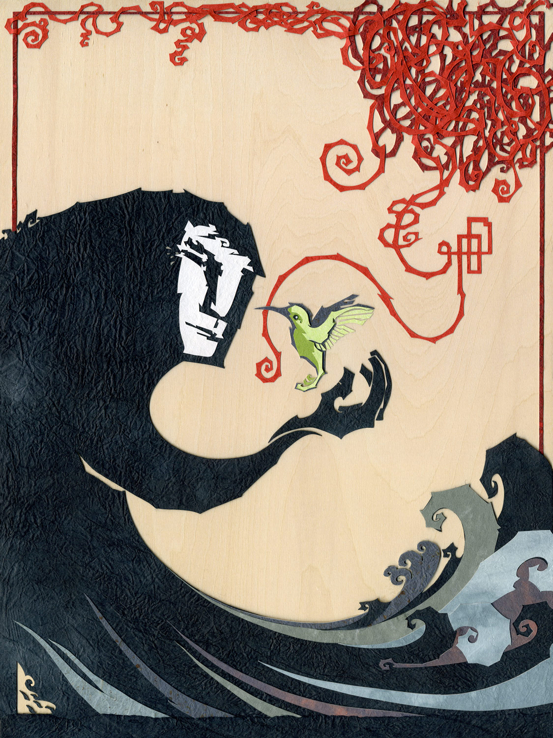 ⊛ A Welcome Messenger ⊛ cut paper + washi / wood ⊛ 11.7 x 8.3 in • 297 x 210 mm ⊛ private collection