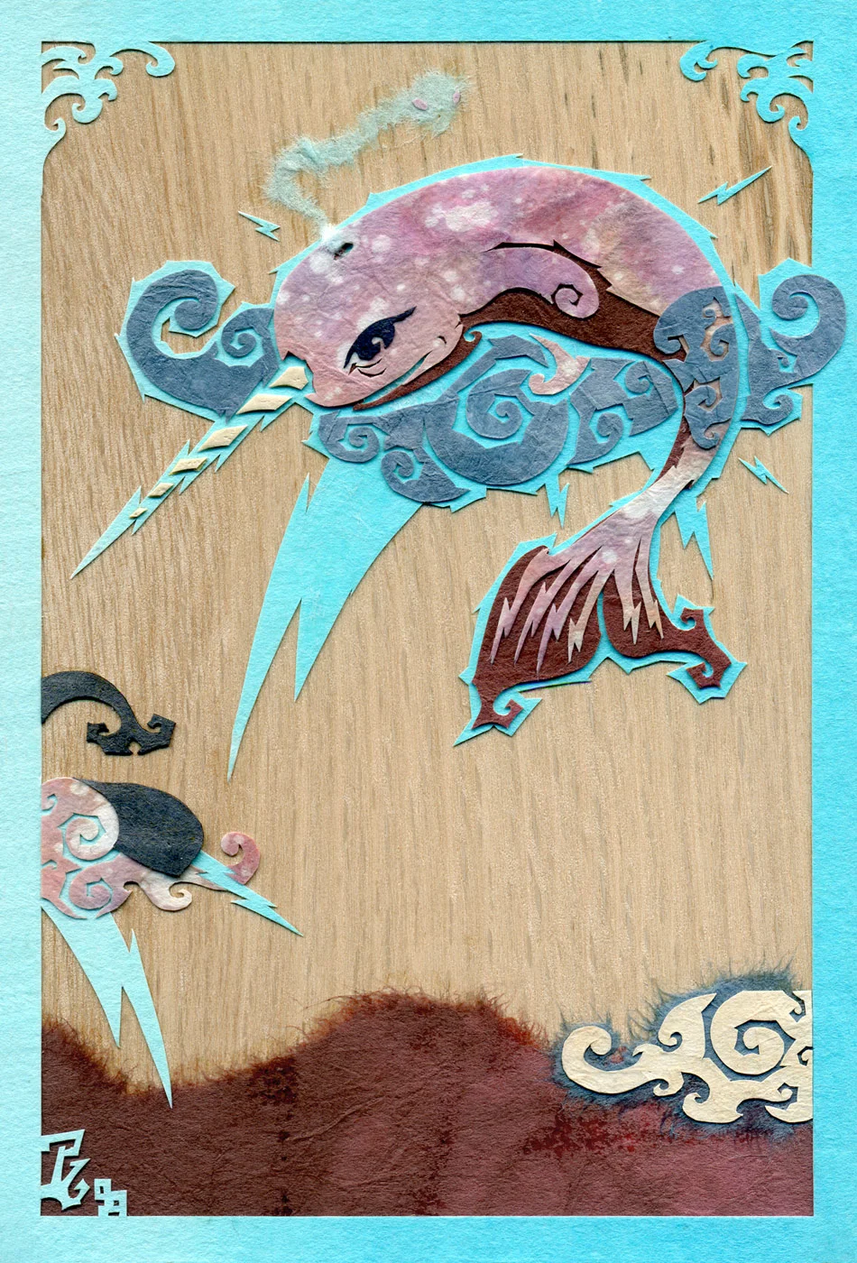 ⊛ The Electric Narwhal ⊛ cut + torn paper + washi / wood ⊛ 6 x 4 in •150 x 100 mm ⊛ private collection