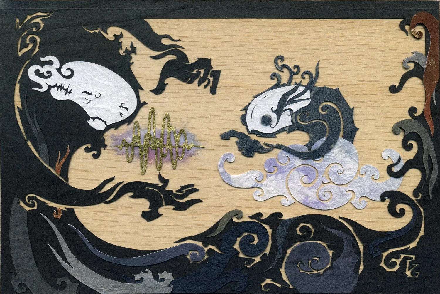 ⊛ The Radiance Under the Tone, The Dark of the Current ⊛ cut + torn paper / wood ⊛ 4 x 6 in • 100 x 150 mm