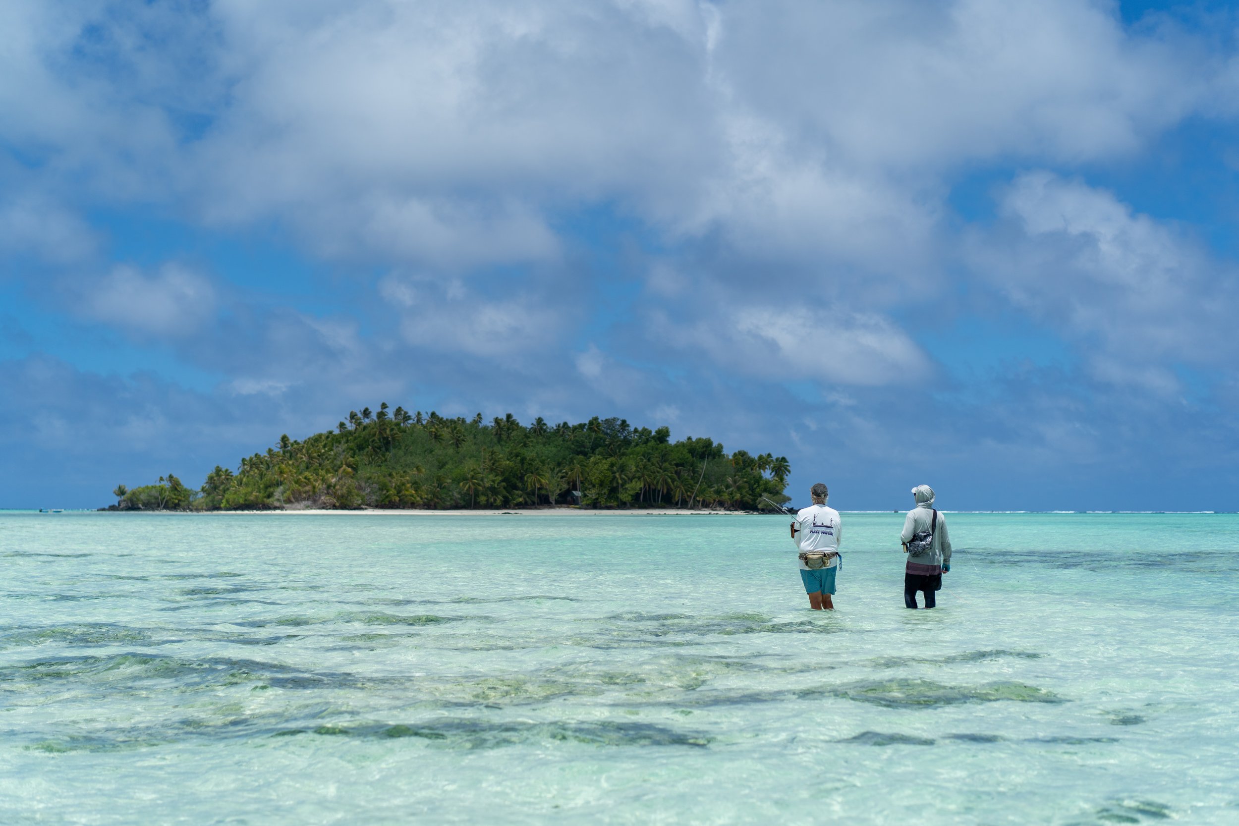 Two people standing in shallow, clear turquoise water near a lush green island with palm trees, under a partly cloudy sky.