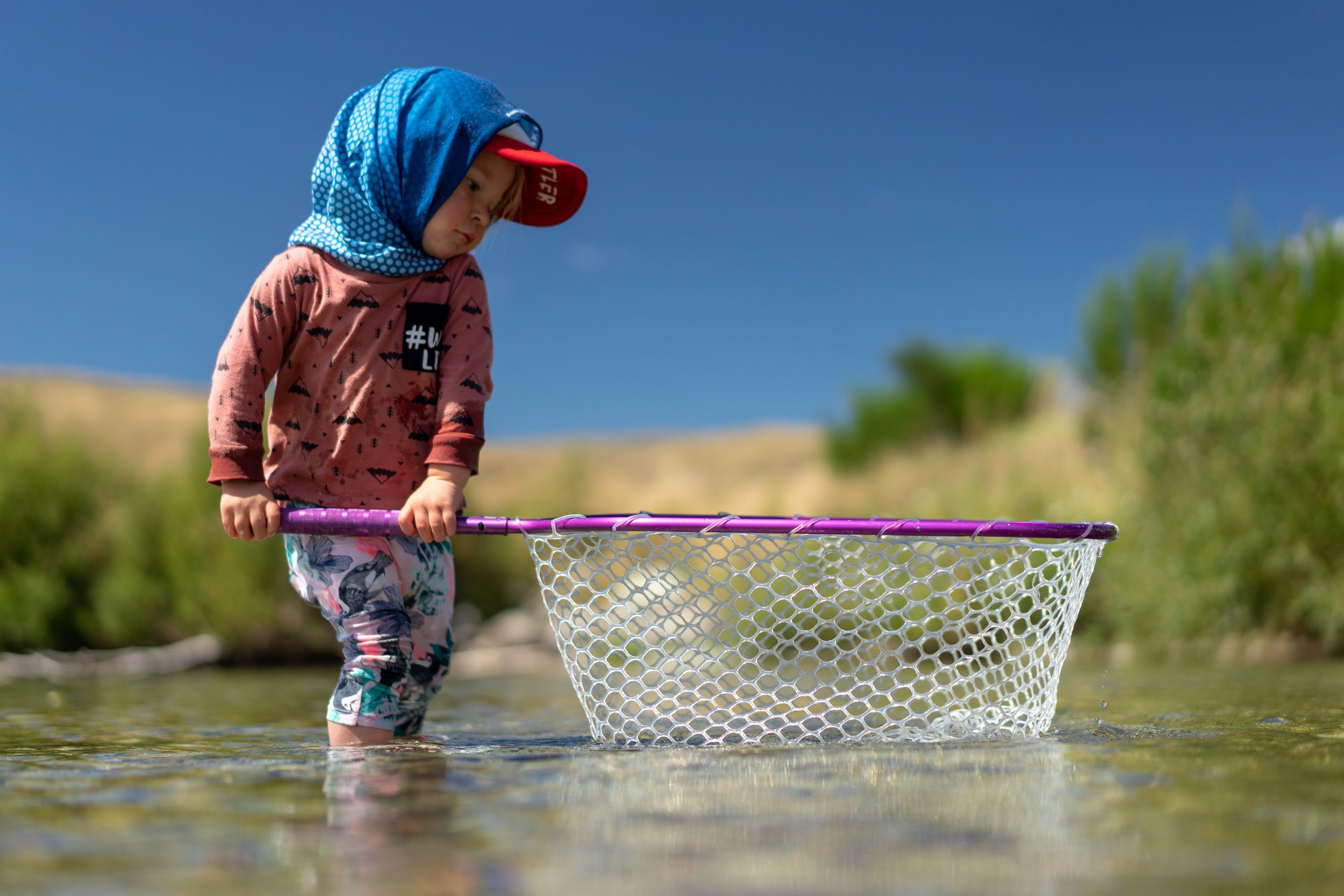 A young child standing in shallow water outdoors, holding a fishing net with a purple frame. The child is wearing a blue polka dot hooded jacket, patterned leggings, and a red cap, looking down at the water.