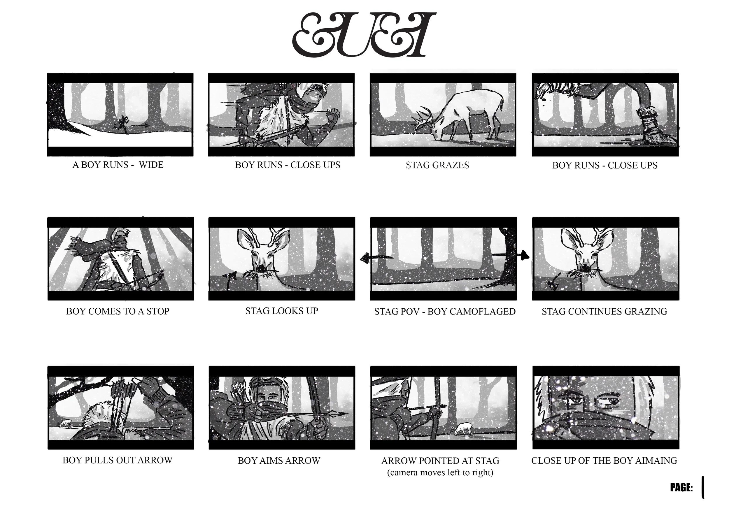 Page one of the storyboard, only two pages were drawn at the quality. The rest were just scribbles!