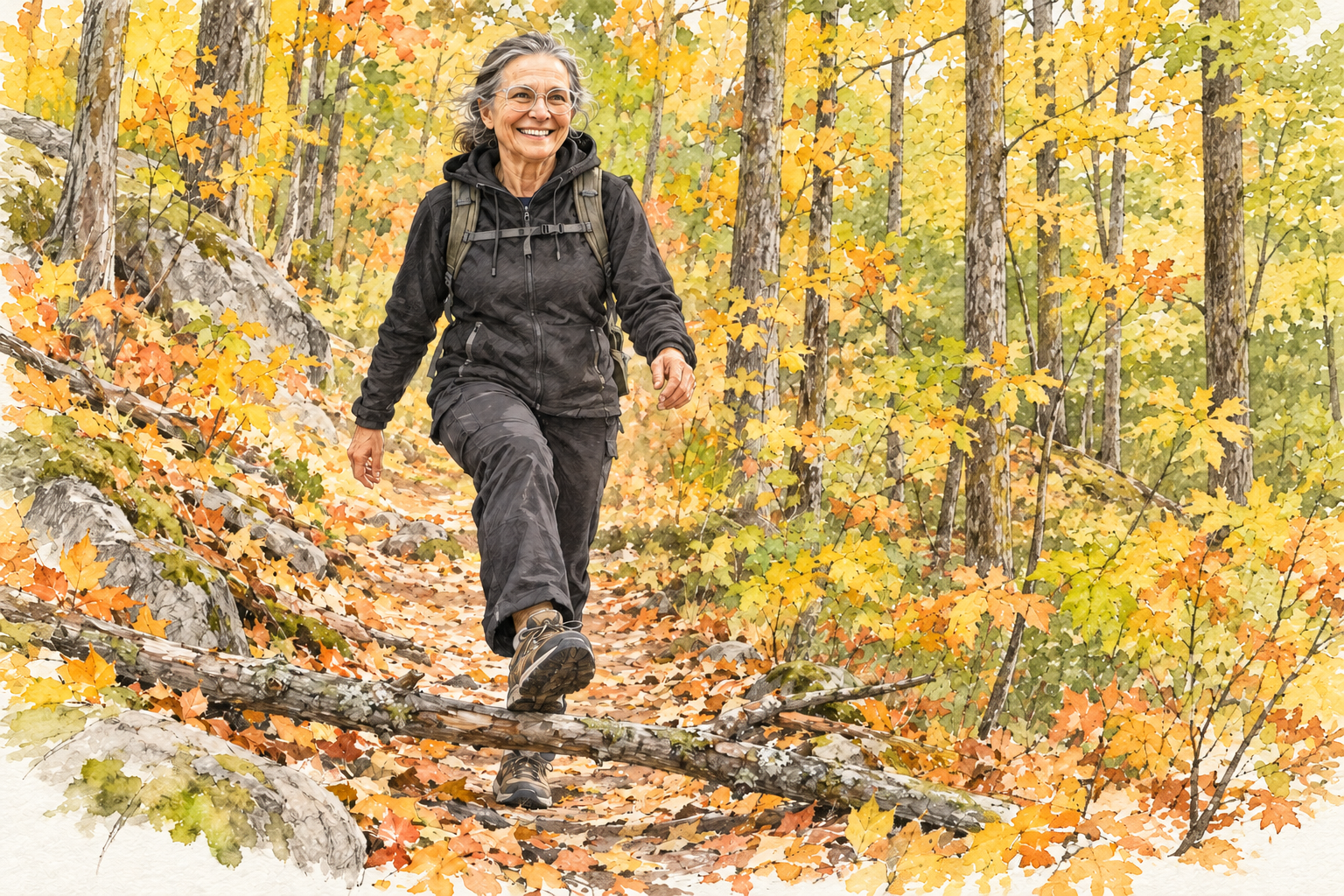 Hand-drawn watercolor illustration of an active older woman walking over a fallen branch on an autumn woodland trail, representing strength, balance, and healthy aging.