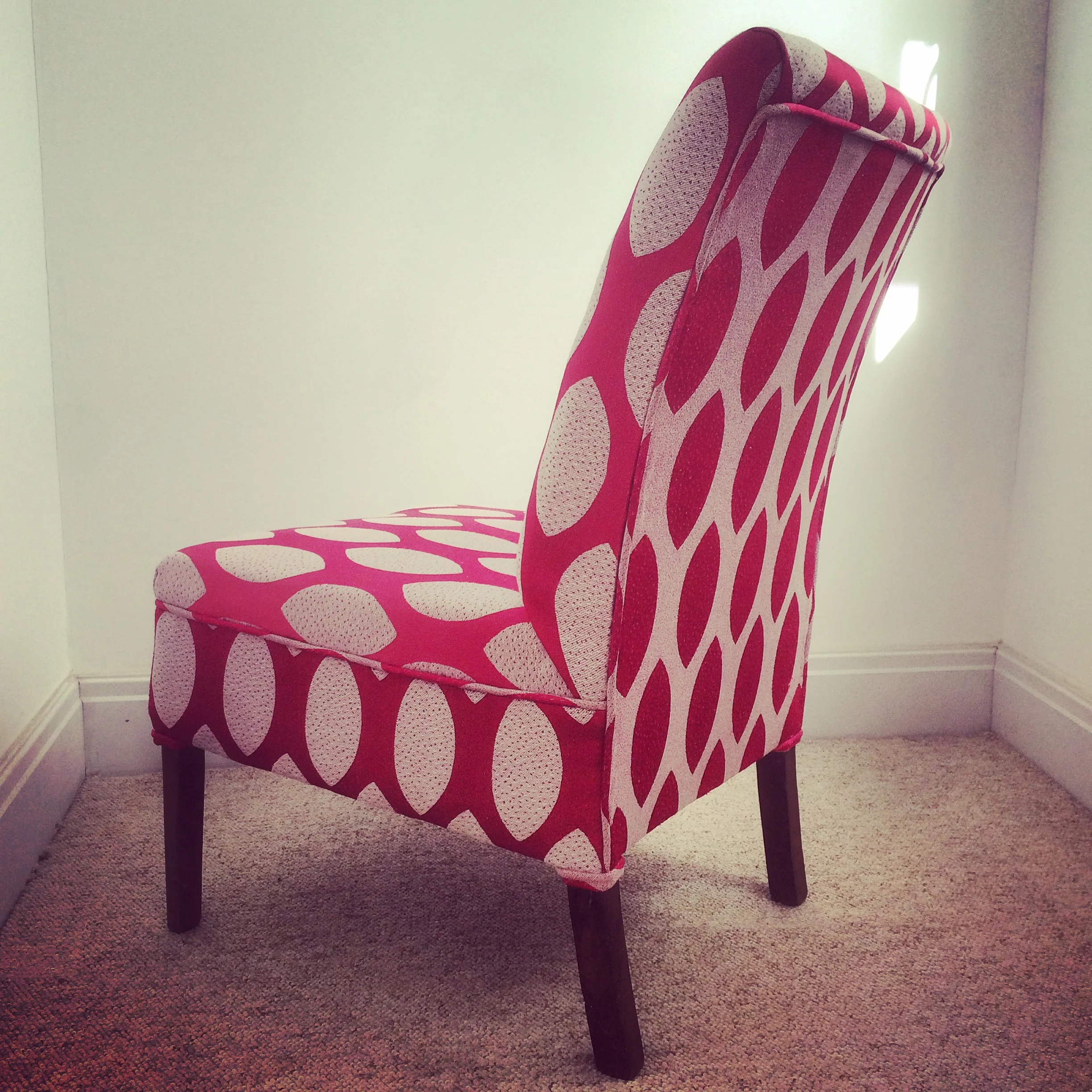  Shallow Buttoned Nursing Chair, Modern Upholstery in vintage 1950s Curtains with reverse side of fabric on the back of the chair 