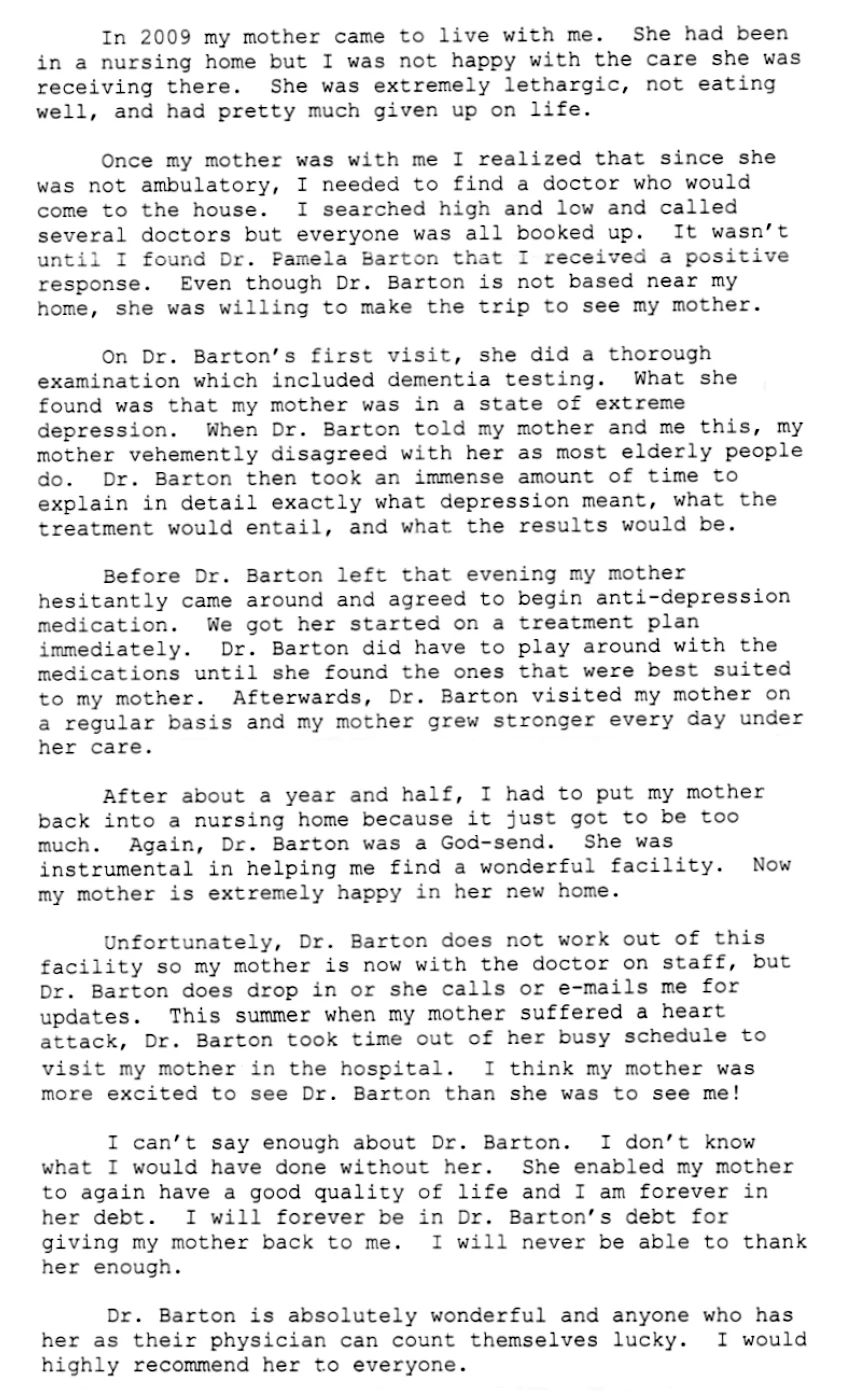 Pamela Barton M D Nyc House Calls Testimonials Giving My Mother Back To Me