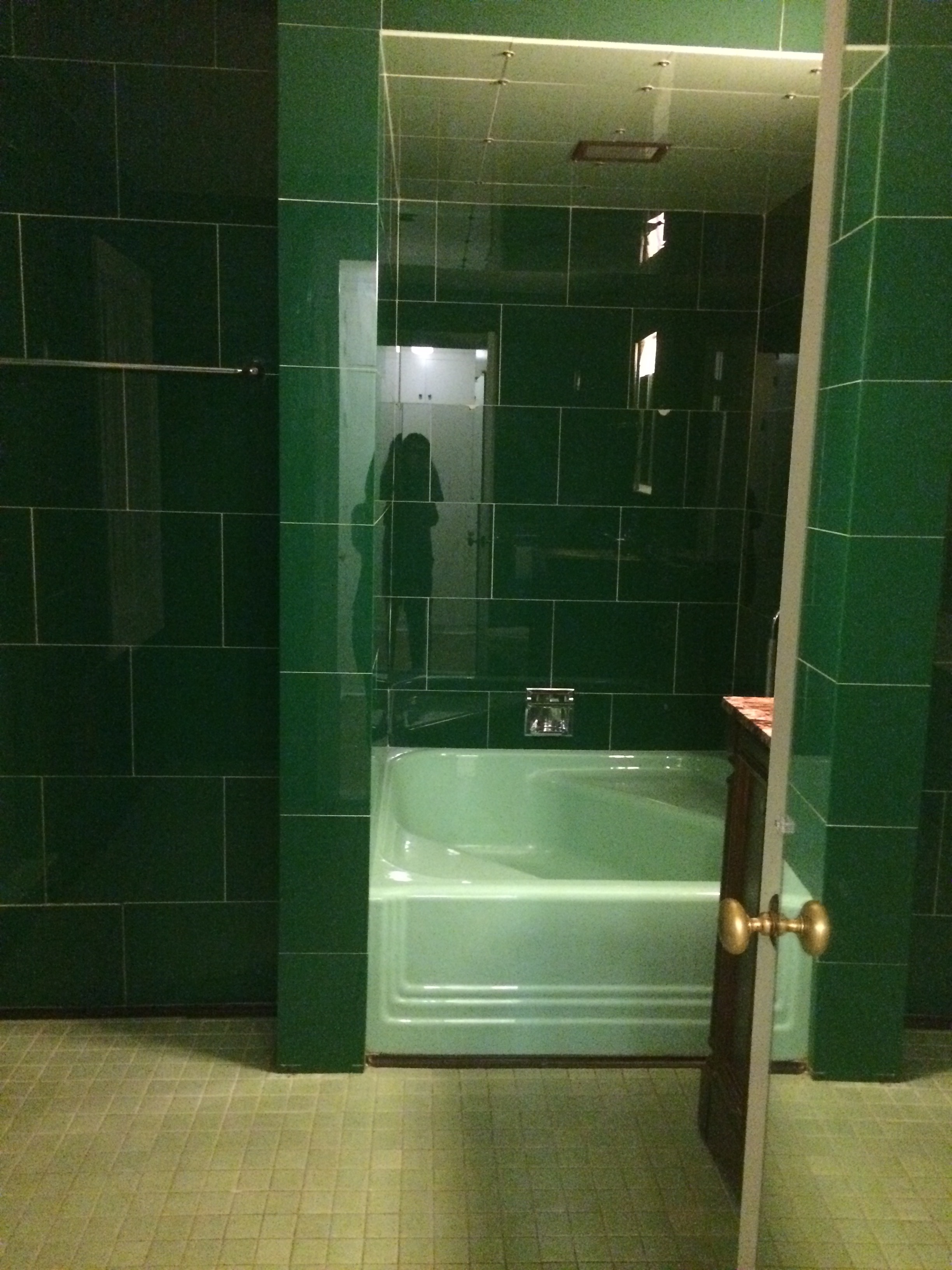 The unusually square tub and worn floor tile. Not minty fresh.