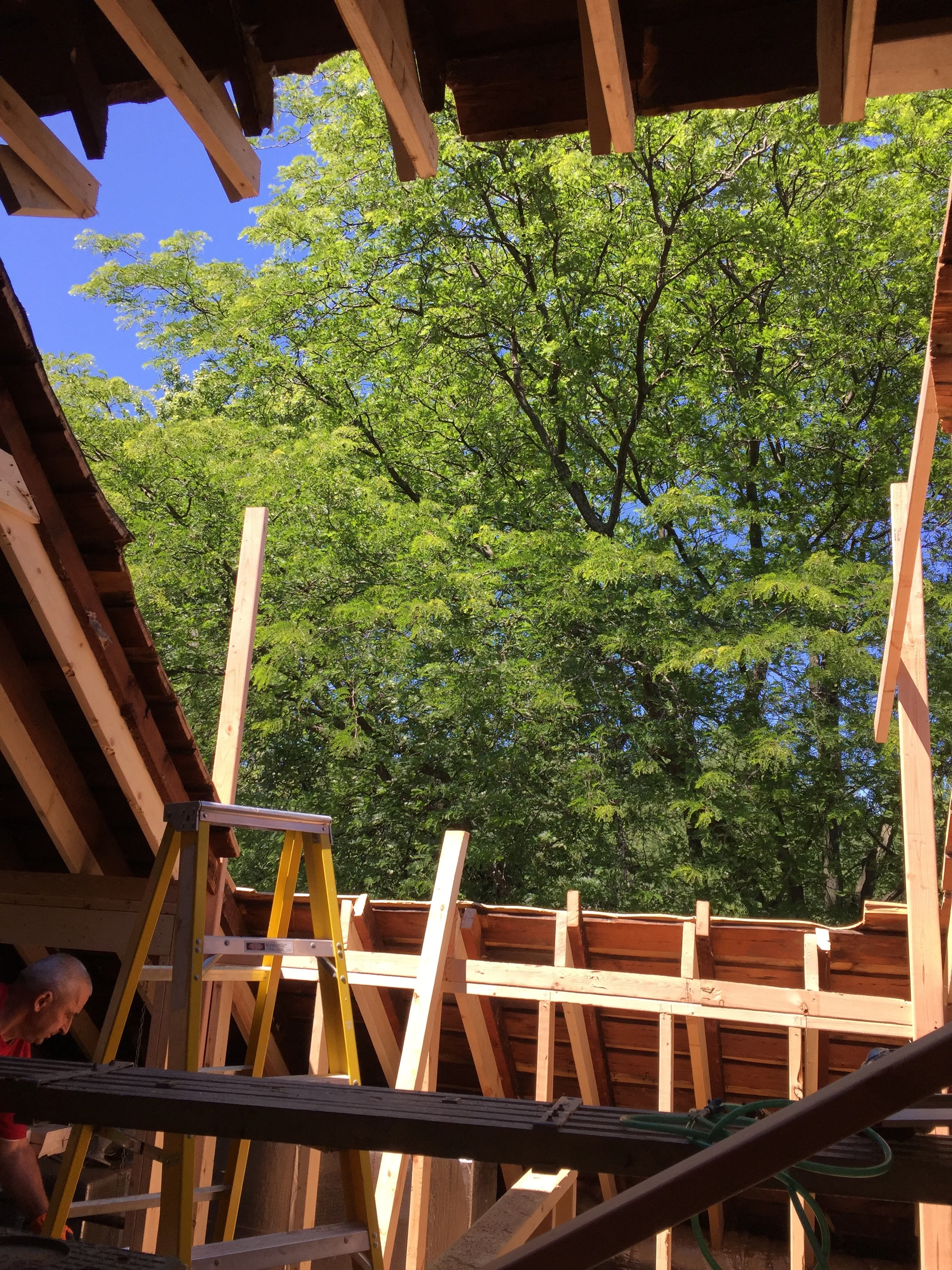 In order to create the required headroom at the top of the stairs, we could have removed a step at the peak and dropped the ceiling on the 2nd floor to accommodate the new landing in the attic. Or . . . we could rip out a big chunk of the roof and build a dormer for a dramatic tree-house effect.
