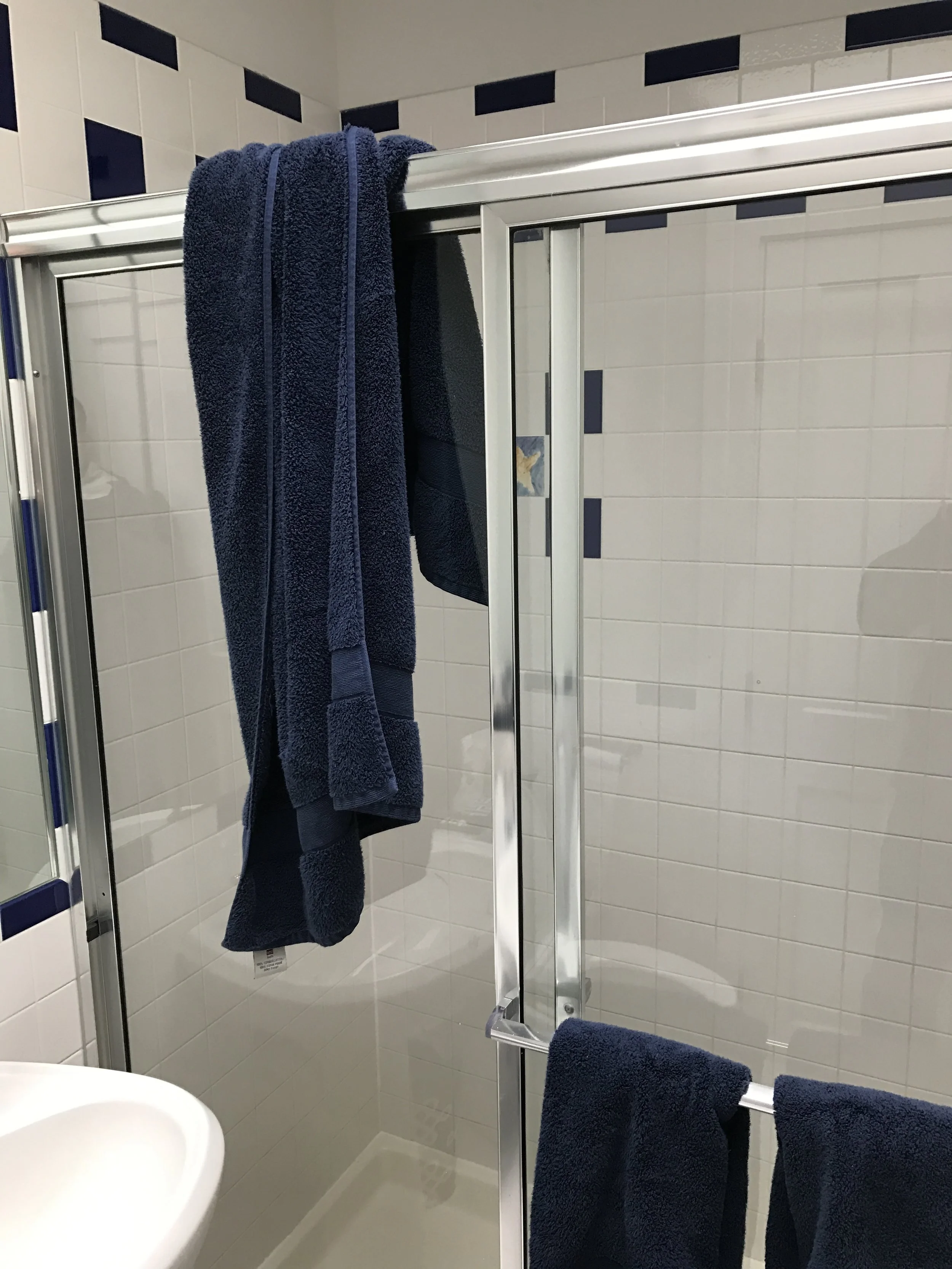 The shower was long, but it lacked storage and a bench. The chunky chrome frame was a dominant feature in the bathroom.