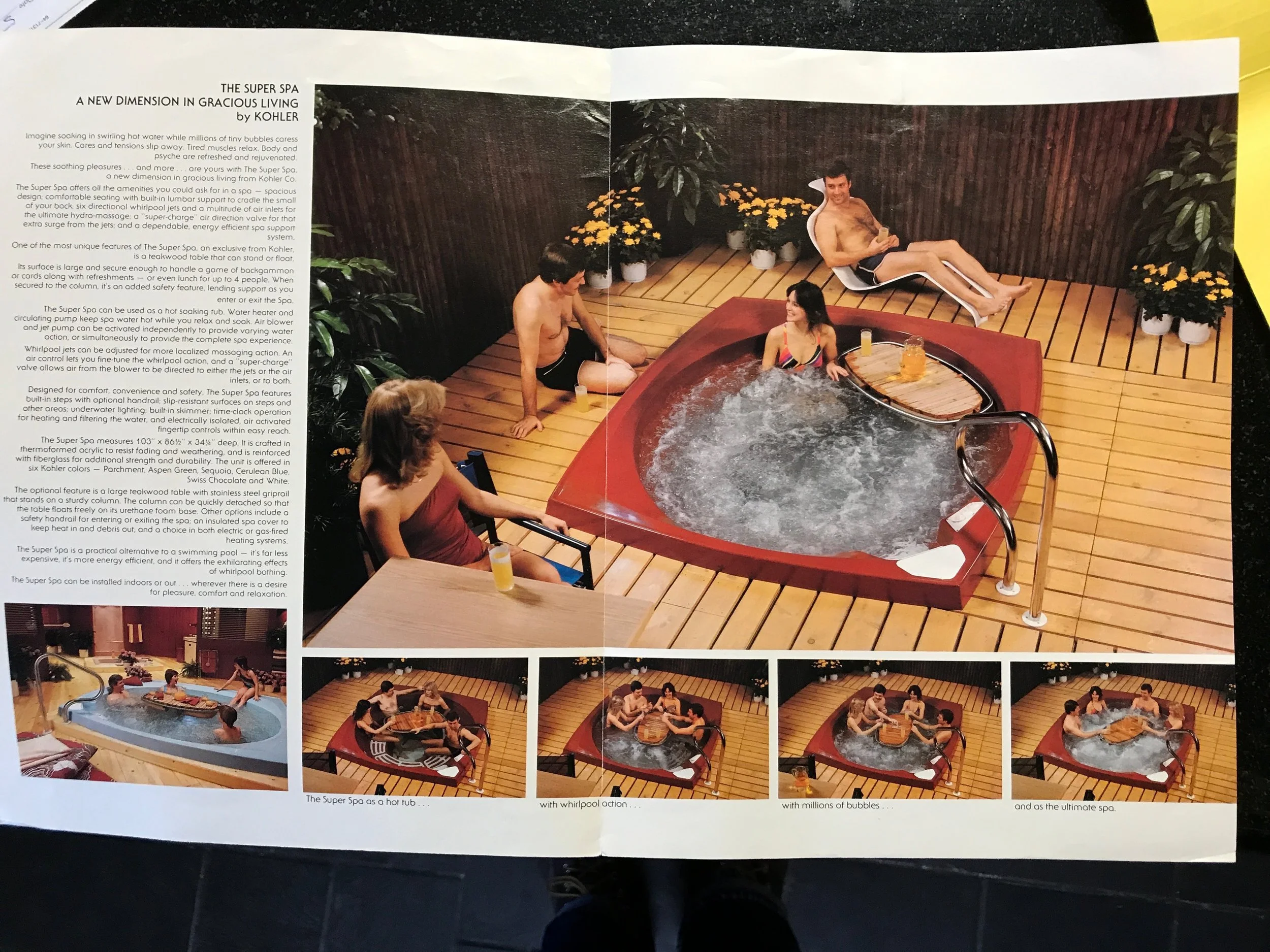 The client found the original marketing material that came with the tub. This is just your average picture of two couples hanging out in the whirlpool tub, enjoying some food and drinks on a floating cutting board. I hear the Bee Gees crooning " How Deep is Your Love " when I see this picture. That pretty much explains everything. 