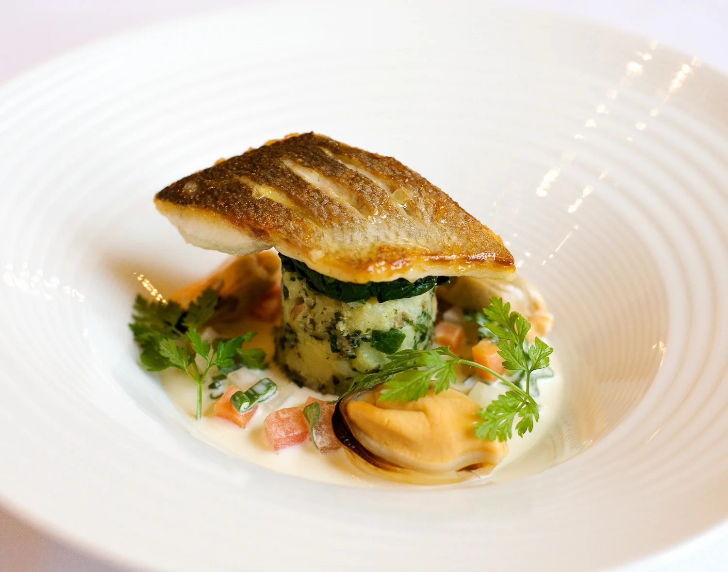 Seabass with spinach, mussels, spring onions, and marjoram broth.jpg