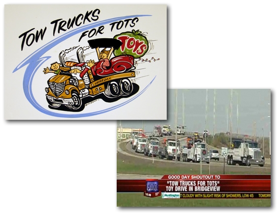 Jim's Towing participating in the Parade of Tow Trucks for Tots (Toys).