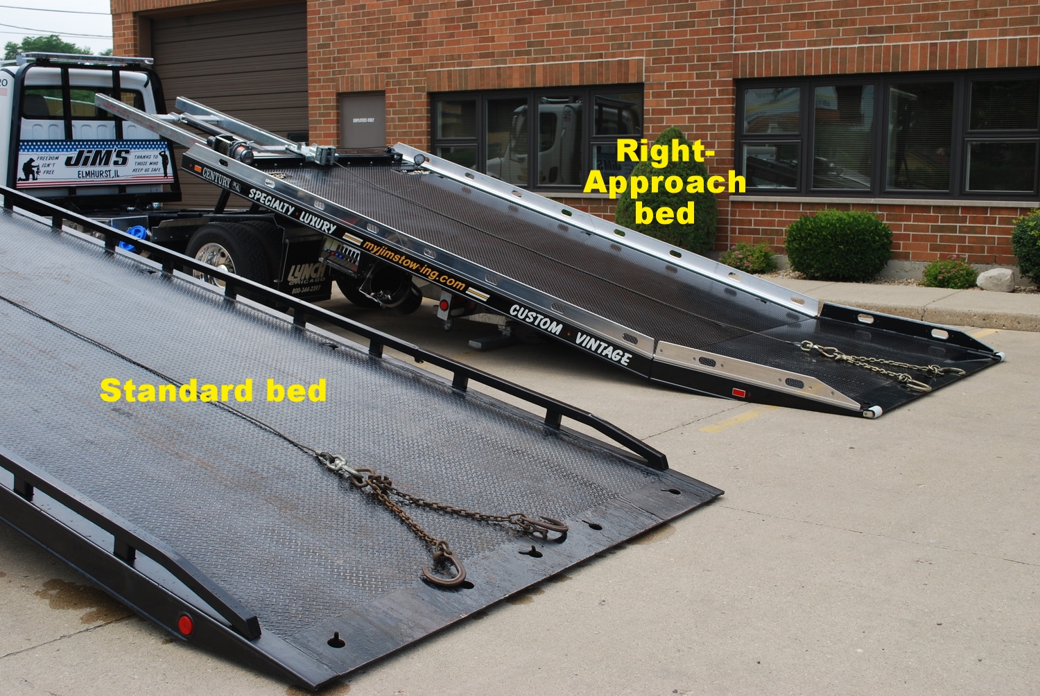 LEFT: Standard flatbed. RIGHT: New Right-Approach Bed. We have 4 Right-Approach Beds to handle the new low-profile autos and SUVs.