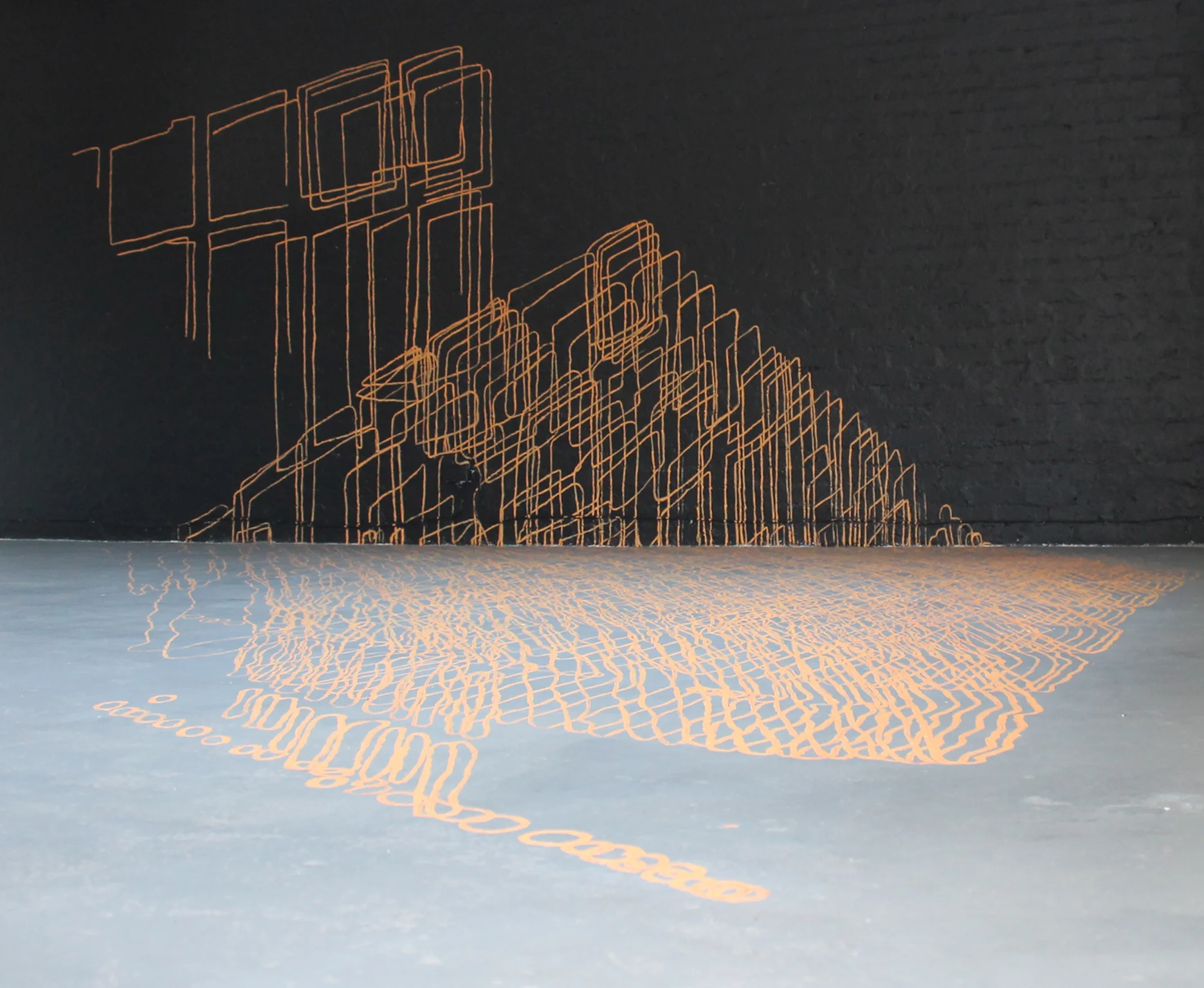 Happiness (Tracing the Day) A site specific drawing by Sean Slemon Acrylic paint July 2012. The text below accompanied the artwork at the exhibition: Every day the sun shines and shifts. It’s duration and strength change, the angles shifting with the seasons. Holding onto the light: An impossible action of course. The initial intention was to bring the city inside the space. Bringing a resource into the space in order to quantify an intangible but essential resource. The room only receives about three and a half hours of light a day during the winter: a very short time considering the average daylight hours span from 6:30 am to about 5:30 pm during wintertime. This converts the sun into a resource: something sought after and stood in to warm up! It changes the temperature of the space and lifts the mood and colour The drawing measures the time the light spends in the space. It measures the time the sun shines and lights the space. This drawing is a new version of previous works in which the sunlight has been mapped or traced on different ways- sometimes using materials like string, line or hazard tape. These materials all served to carve out the space the sun would occupy were it solid – and in this case given the use of the space and it’s need for flexibility it became more effective as a simple line drawing, painted in a colour that emulated the sun. The first time I drew the sunlight on the floor it became apparent that the drawing had to remain a line drawing and not a solid block as I had originally thought I would paint the piece. The following day the cleaning lady, Happiness came to work and subsequently worked very hard to remove the carefully drawn lines from the floor and walls. The following day I received a call from Gabi: “Sean – I have some terrible news. The drawing was cleaned off the floor by our cleaning lady, Happiness” We drew it again a few days later, with better results and tighter lines. Thanks to her help, and an opportunity of a second attempt at the drawing the work benefited. My thanks for assistance with this work go to Cristina Teodora Stefan, Rudi Benade, and Gabi Ncobo, and of course Happiness. 