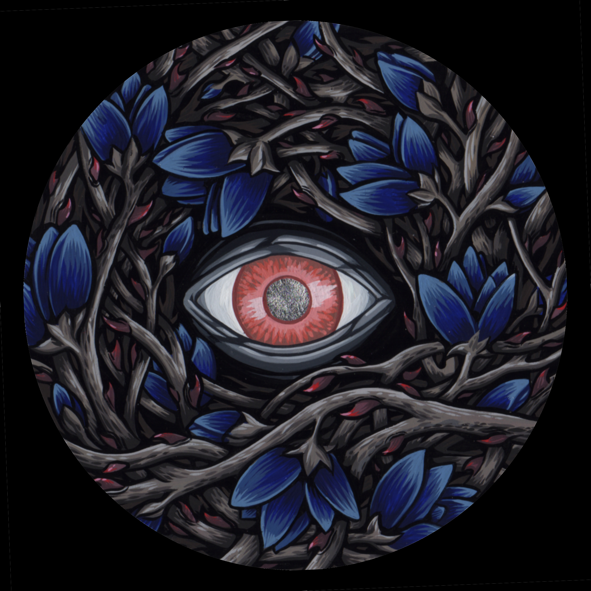  Watcher in the Thorns for the two person show Certain Doom in 2013 with Alan Brown. Gouache on bristol 4" round. 