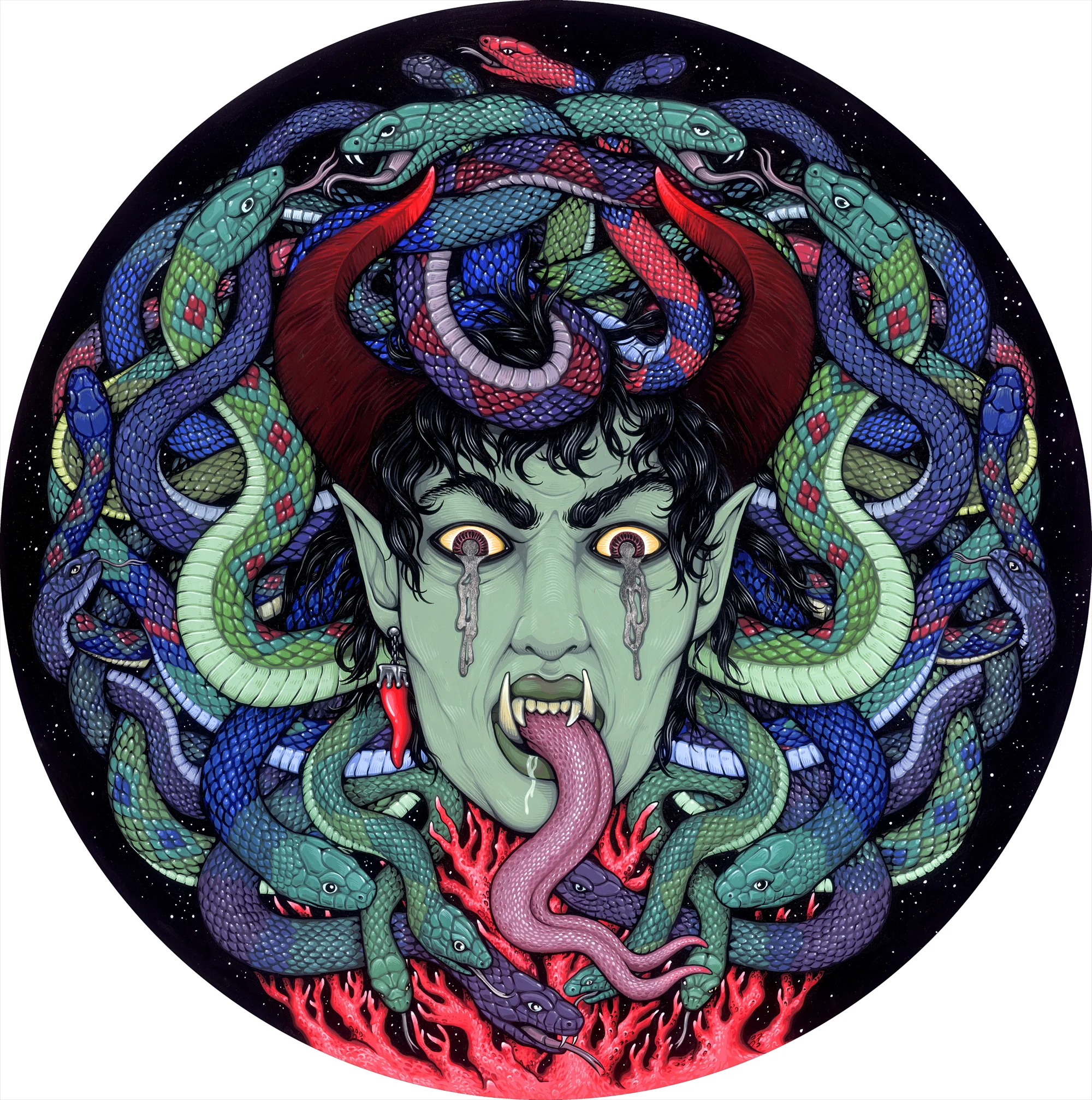 The Gorgoneion for the two person show Certain Doom in 2013 with Alan Brown. Gouache on bristol 14" round.