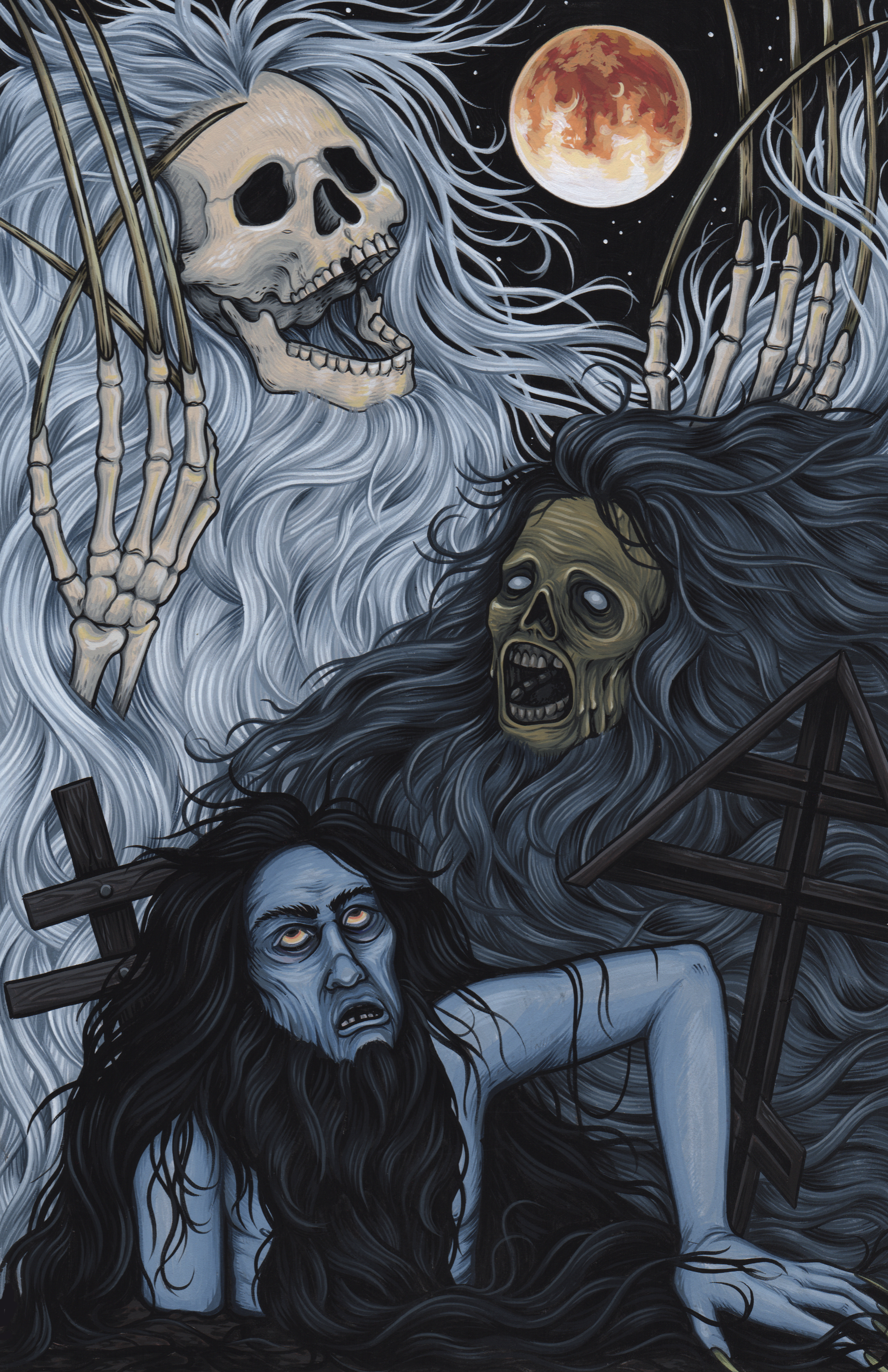 "A cross on one of the graves tottered and a withered corpse rose slowly out of the earth. Its beard reached to its waist, the nails on its fingers were longer than the fingers themselves. It slowly raised its hands upward. It's face was all twisted and distorted. One could see it was suffering terrible torments. " I am stifling, stifling!" it moaned in a strange inhuman voice. It's voice seemed to scrape on the heart like a knife, and suddenly it disappeared under the earth...Another cross tottered and again a dead body came forth, more frightening and taller than the one before; it was all hairy with a beard to its knees and even longer claws. Still more terribly it shouted: "I am stifling!" and vanished into the earth. A third cross tottered, a third corpse appeared. It seemed like a skeleton rising from the earth; its beard reached to its heels; the nails on it's fingers pierced the ground. Terribly it raised its hands toward the sky as though it would seize the moon, and shrieked as though someone were sawing its yellow bones" -A Terrible Vengeance, Nikolai Gogol