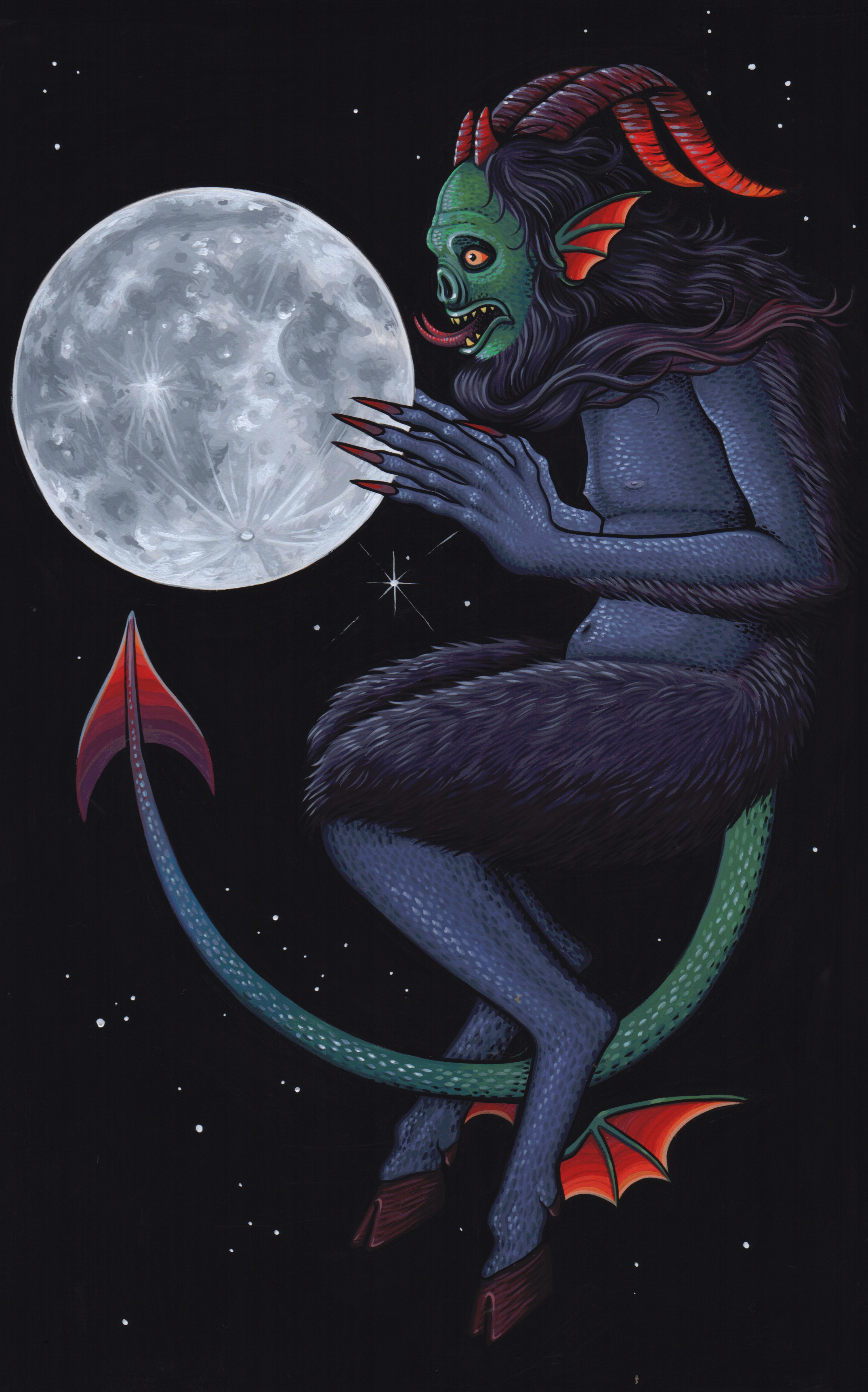 "Meanwhile the devil stole silently up to the moon and stretched his hand out to seize it, but drew it back quickly as though he were scorched, sucked his fingers and danced about, then ran up from the other side and again skipped away and drew back his hand. But in spite of all his failures the sly devil did not give up his tricks. Running up, he suddenly seized the moon with both hands; grimacing and blowing, he kept flinging it from one hand to the other, like a peasant who has picked up an ember for his pipe with bare fingers; at last, he hurriedly put it in his pocket and ran on as though nothing had happened"- Christmas Eve, Nikolai Gogol