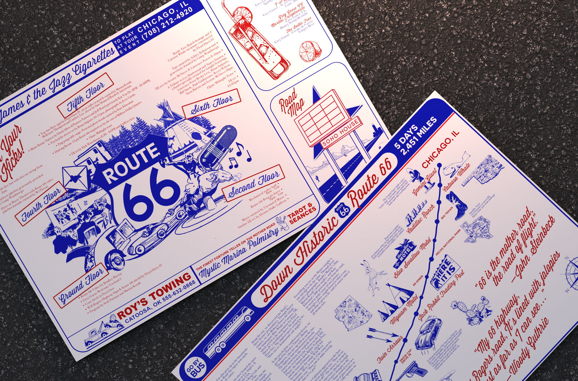 Maps found at gas stations in the late 1950's served as both guides for tourists and local advertisements. Using mix and match vintage clipart and some intentionally poor composition, I was able to capture the authenticity and kitsch of the era as well as the spirit of our trip. You can follow our trip down Route 66, starting with the Gemini Giant, or read about our adventure in the words of Seth Putnam, fellow R66 traveler and editor of Collective Quarterly .