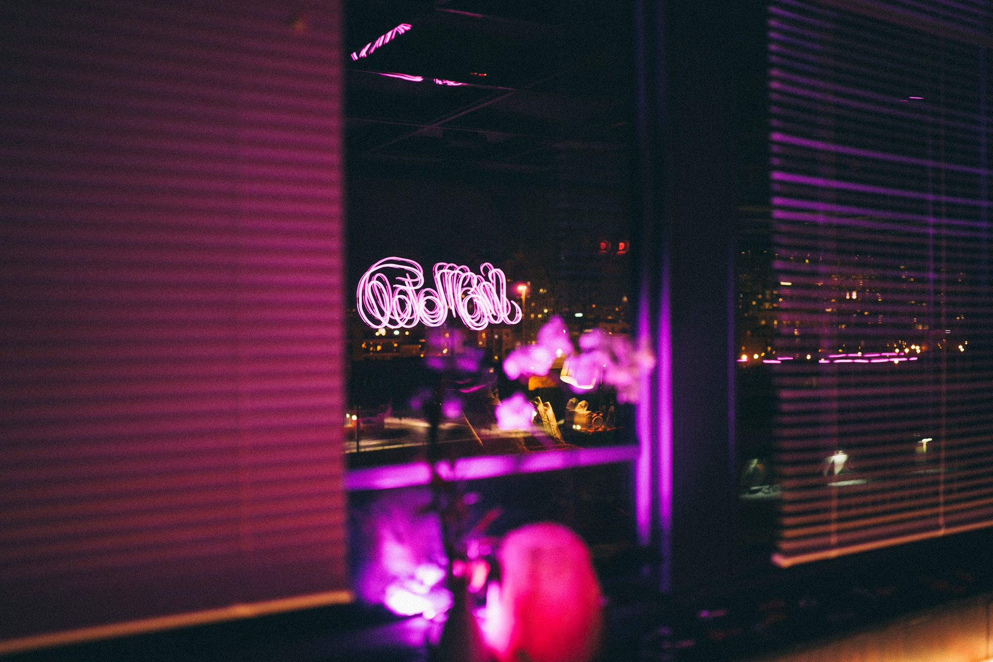 The rest of the room was flooded in hot pink thanks to a series of flood lights and hot pink gels on the exitsing lighting in the room.