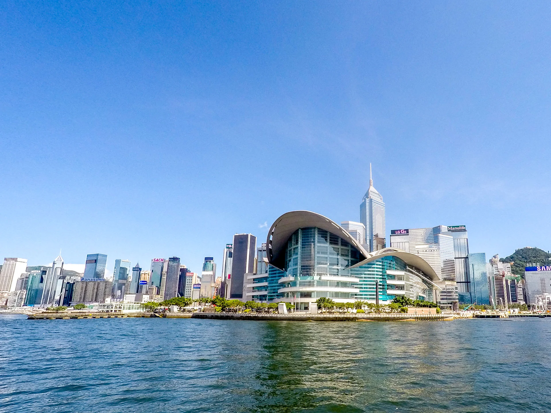 Hong Kong Convention and Exhibition Center from the harbor cruise.