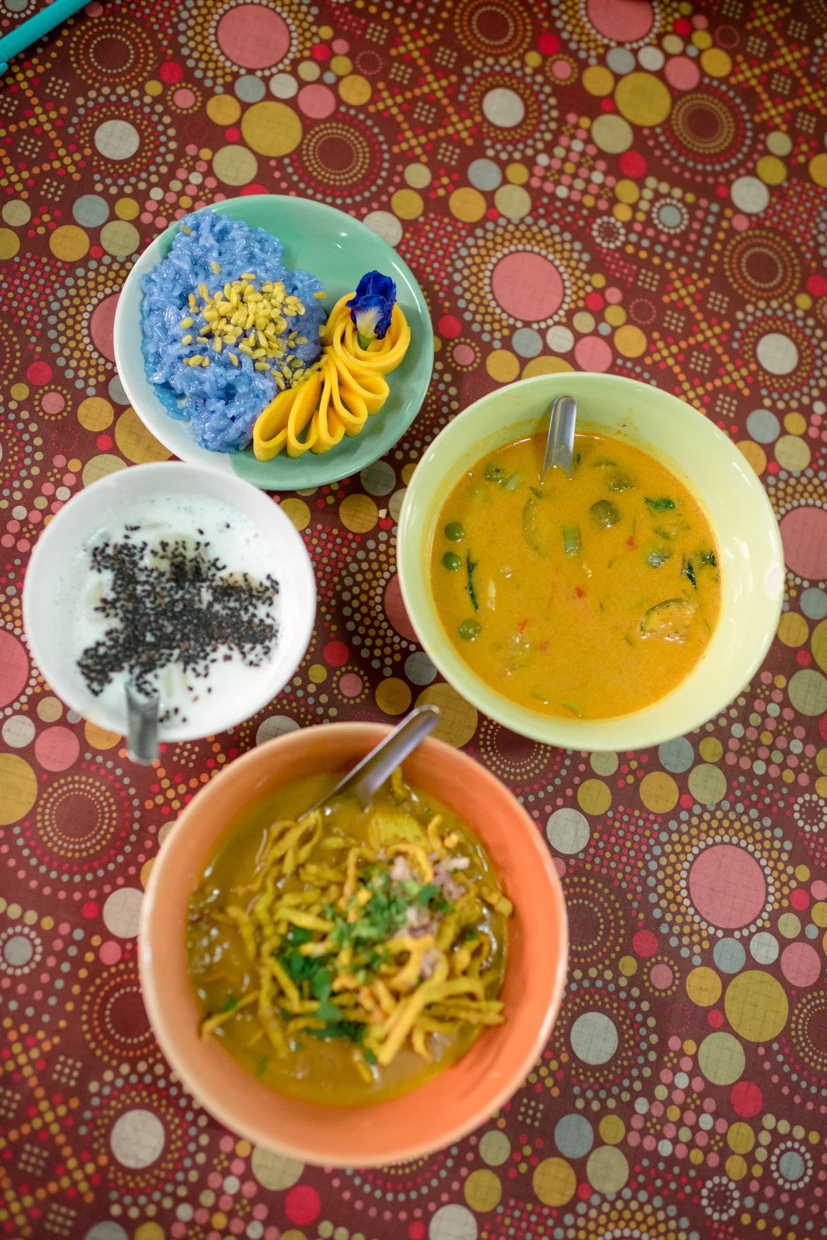 Audrey’s Mango Sticky Rice and Red Curry Soup with my Khao Soi and Banana in Coconut Milk.