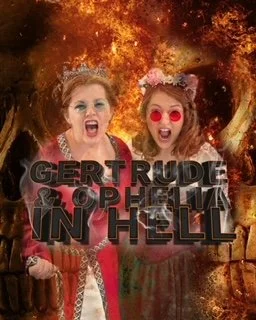 poster white woman 50's medieval dress red, crown on head 1960's blue lensed sunglasses screaming at camera, white woman 30's flowered wreath in hair, white peasant top off shoulder red lensed 1960's sunglasses screaming at camera, flames