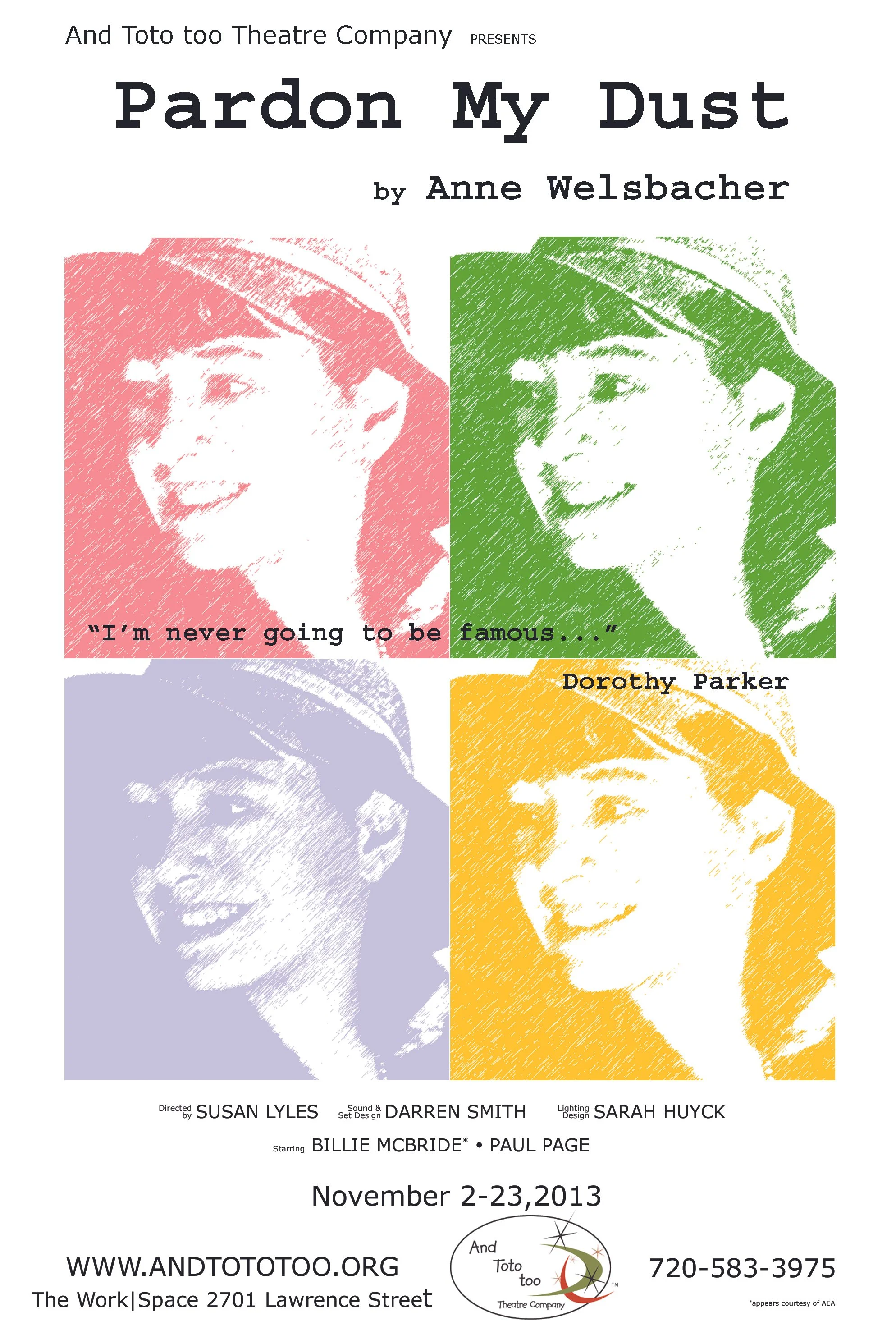 POSTER PARDON MY DUST, 4 PICTURES OF DOROTHY IN A HAT LAID OUT IN A GALLERY, EACH PHOTO IS TINTED WITH SEPARATE COLORS, RED, GREEN, LILAC AND GOLDENROD