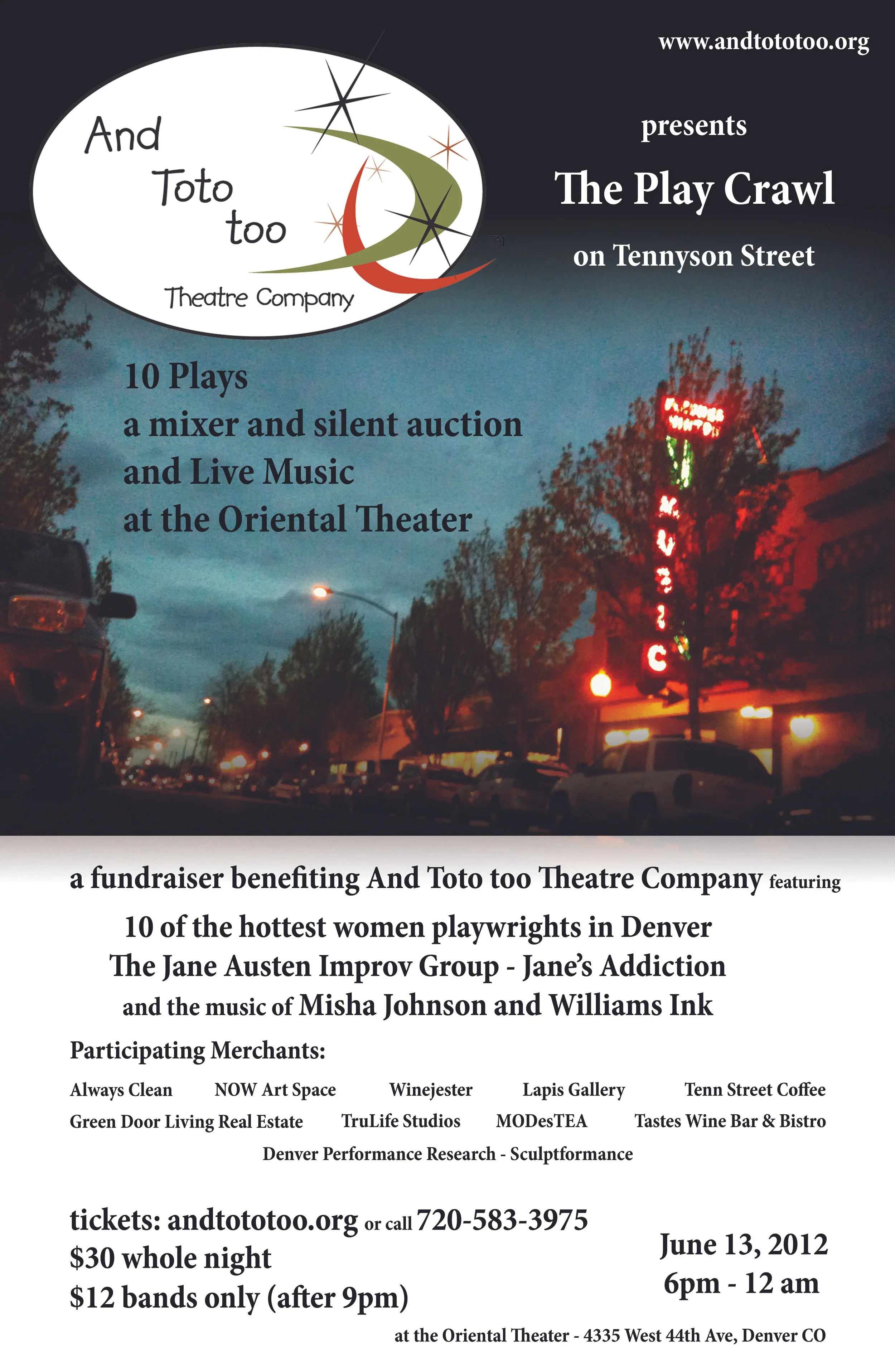 POSTER FOR PLAY CRAWL 2012, NIGHT SCENE OF TENNYSON STREET, NEON SIGN ABOVE TREES THAT SAYS MUSIC