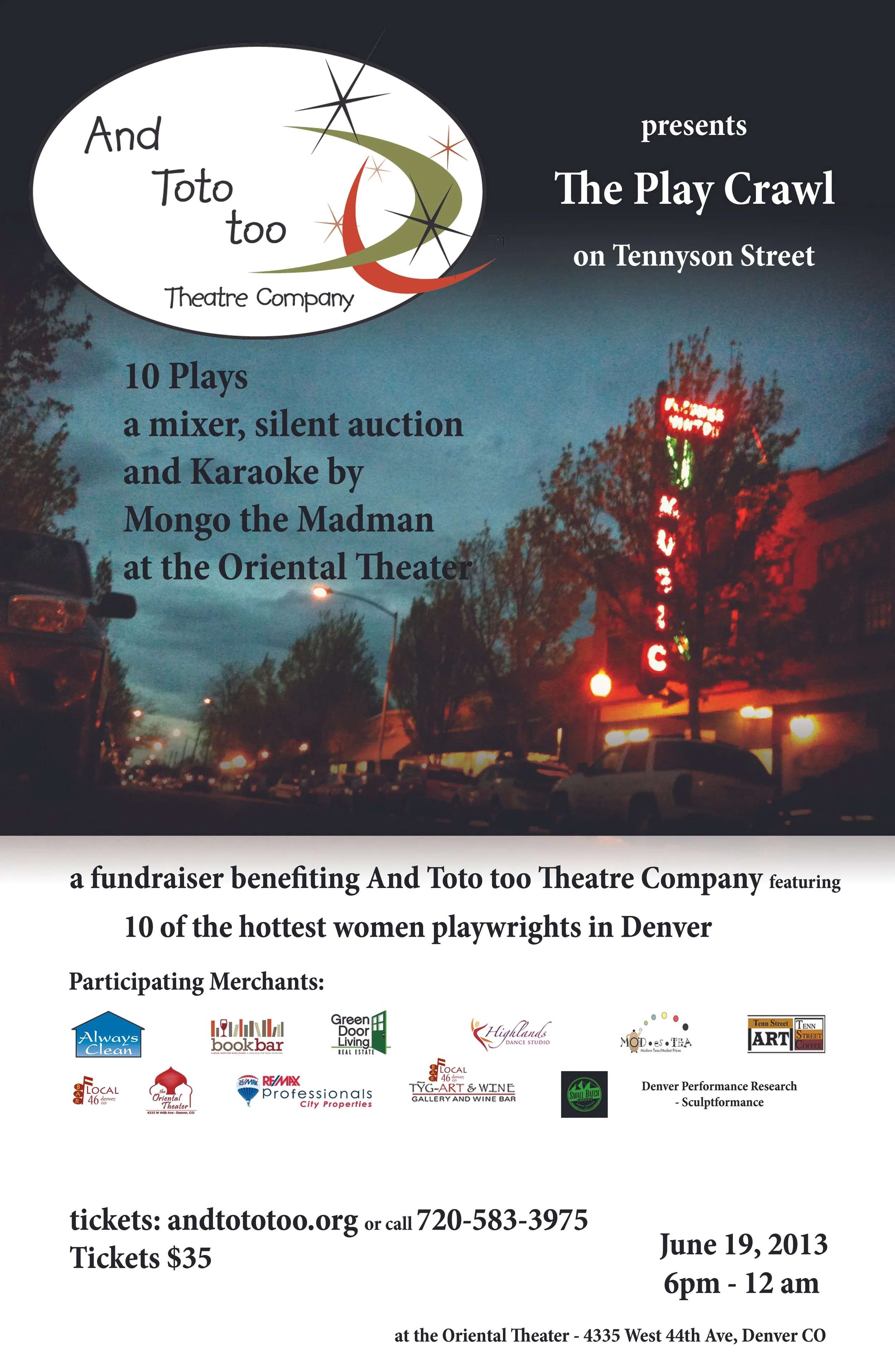 POSTER FOR PLAY CRAWL 2012, NIGHT SCENE OF TENNYSON STREET, NEON SIGN ABOVE TREES THAT SAYS MUSIC
