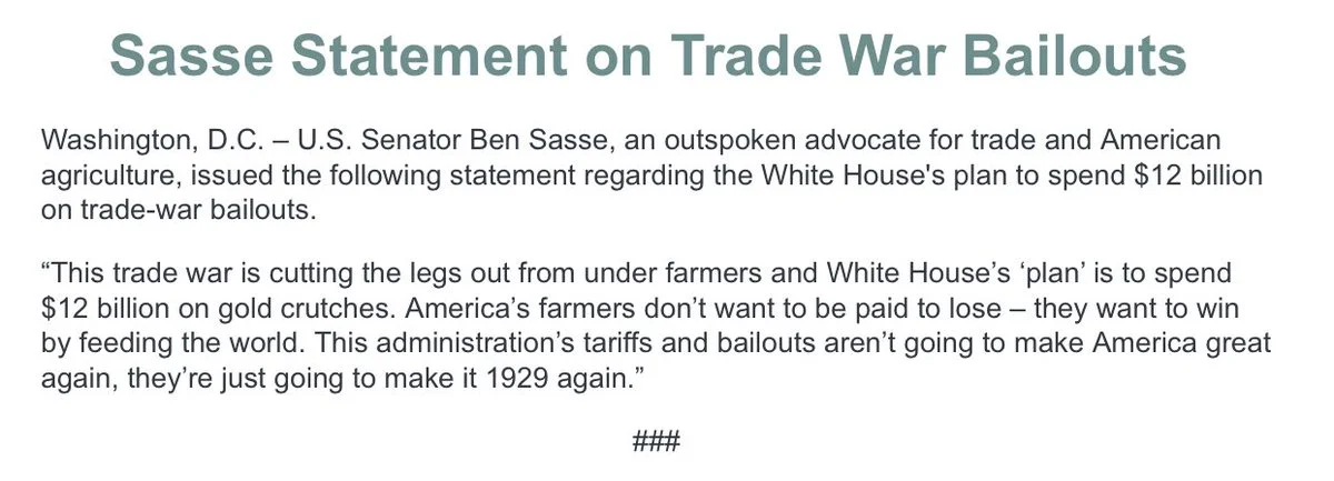 GOP Senator Ben Sasse from Nebraska may have spoken for the wave of critics who think Trump’s tariffs are undermining US exports that have taken years to cultivate and who believe his proposed $12 billion package of one-time financial aid to farmers won’t come close to co vering the long-term damage done by the tariffs.