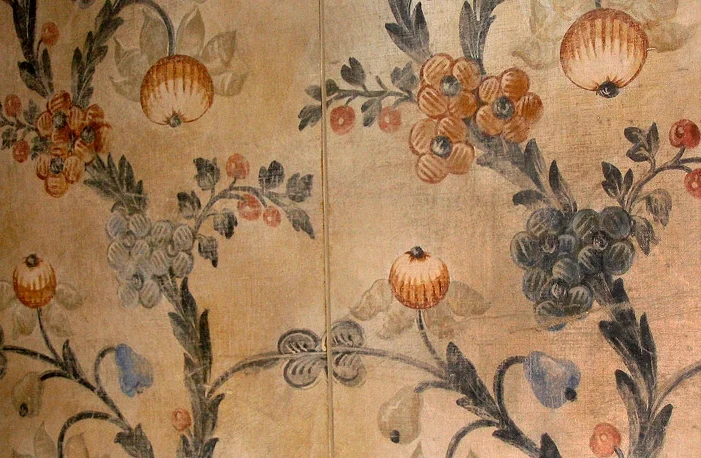 Antique piece on linen. Painted in the studio and installed on site. North Shore Estate. Interior Design by Stephen Sills Associates.