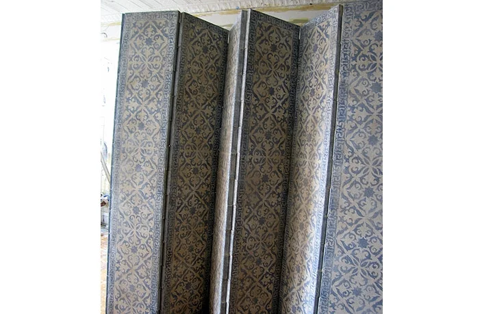 Moroccan Screen: Stencil on burlap. Private residence, Antigua. Designer Lien Luu.
