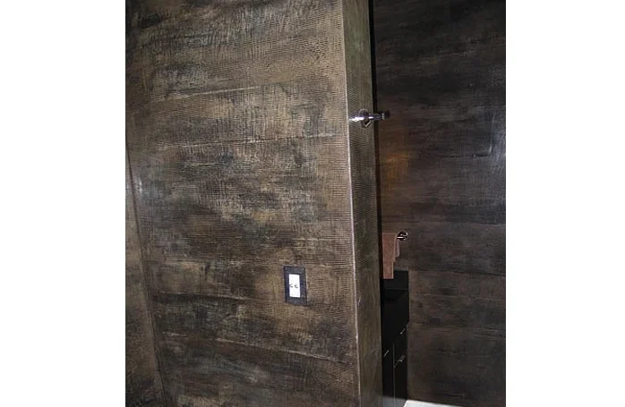 Dark Strie: Master Bathroom. Private residence in the Astor Place Building, NYC. Designer: Kristen McGinnis.