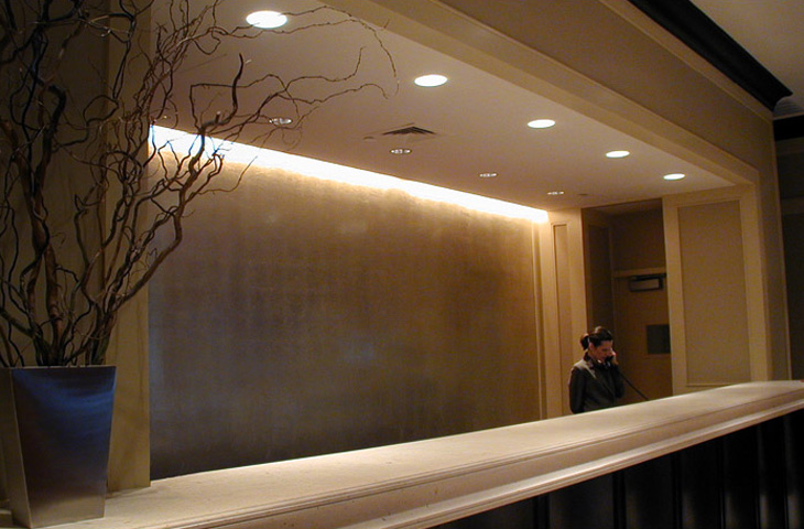   Gilded Wall: Aluminum leaf. Marriott Hotel downtown NYC. Designer: Alexandra Champalimaud.  