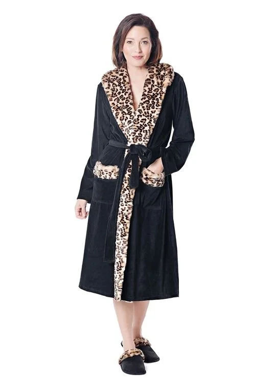 LEOPARD FAUX FUR-TRIMMED BLACK ROBE L/XL