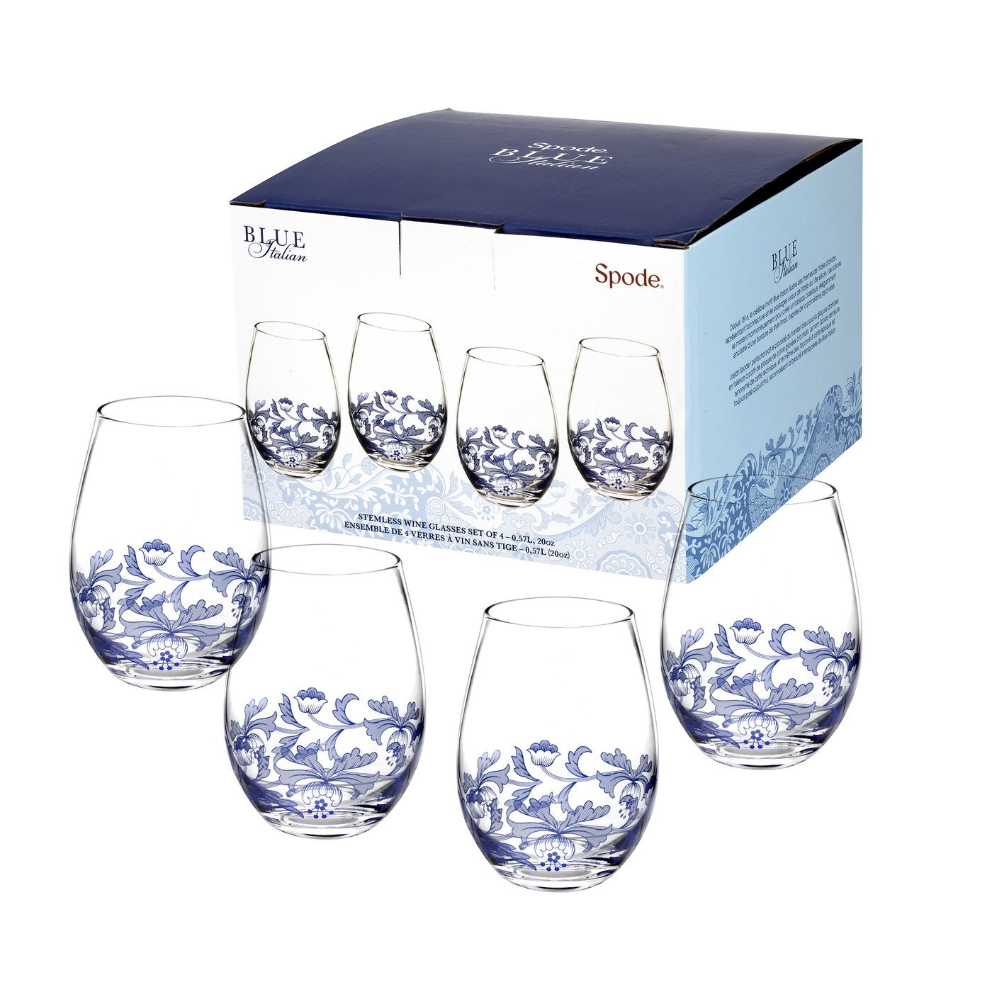 Spode Blue Italian 19oz Stemless Glasses Set of 4 — Studio 24E