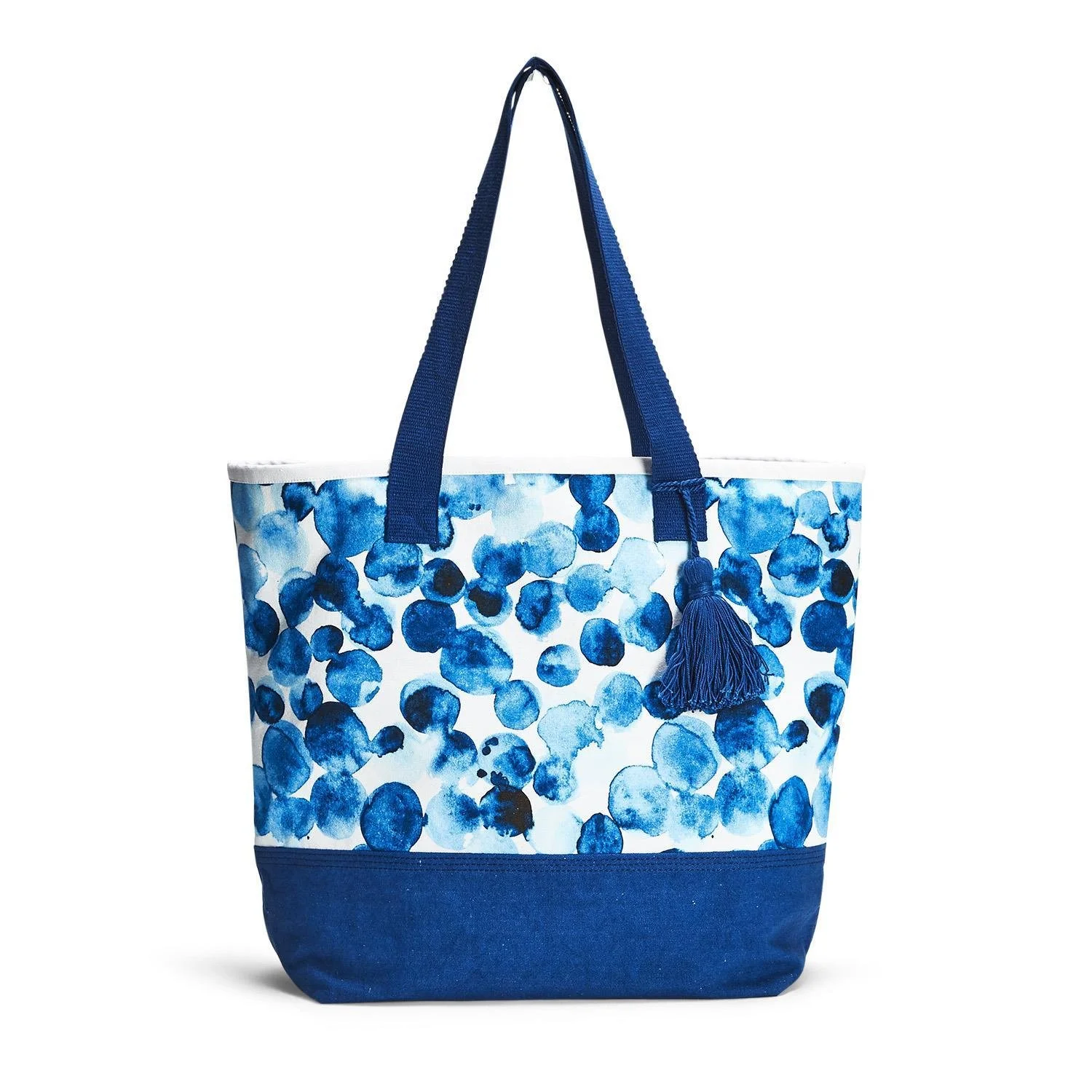 Indigo Blue Watercolor Pattern Lined Tote Bag Dots by Two's Company