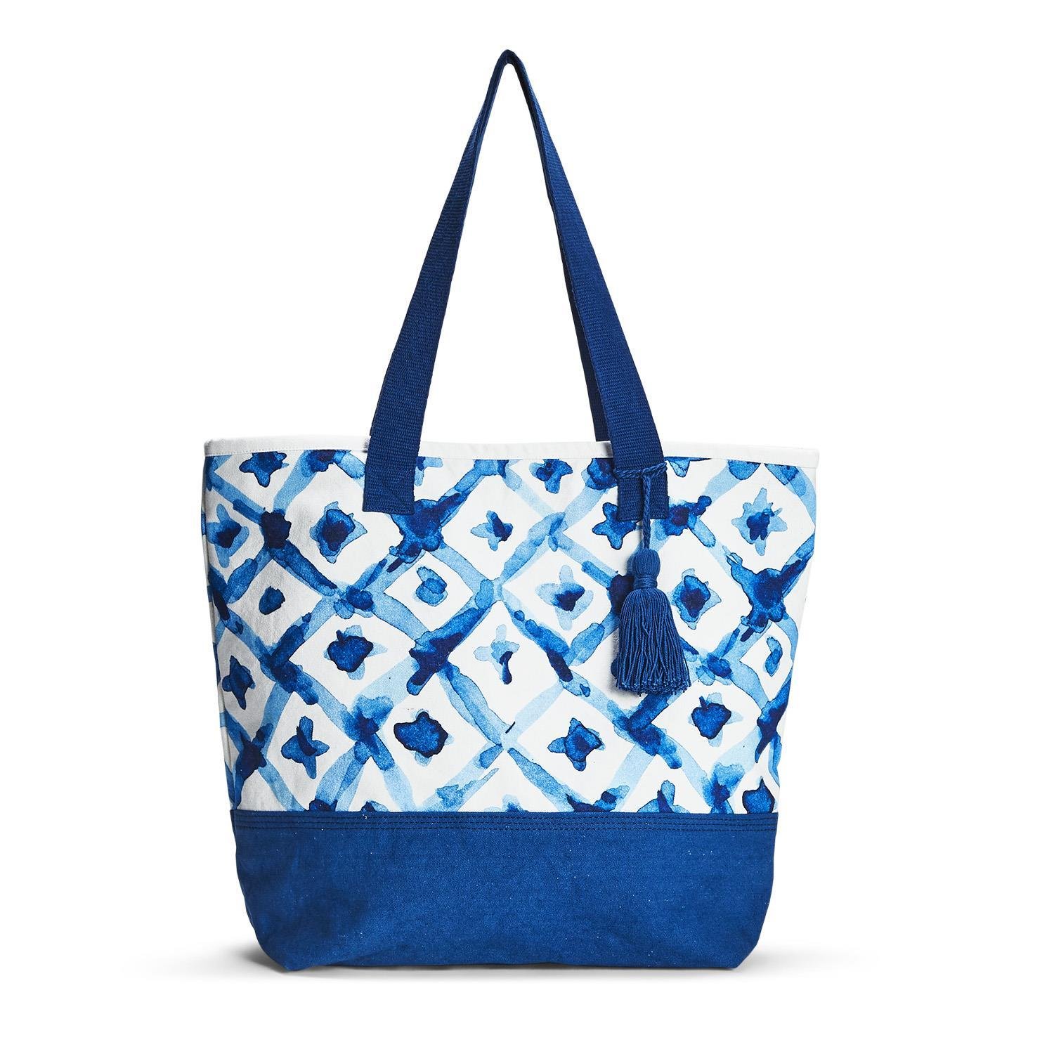 Indigo Blue Watercolor Pattern Lined Tote Bag Diamond by Two's Company